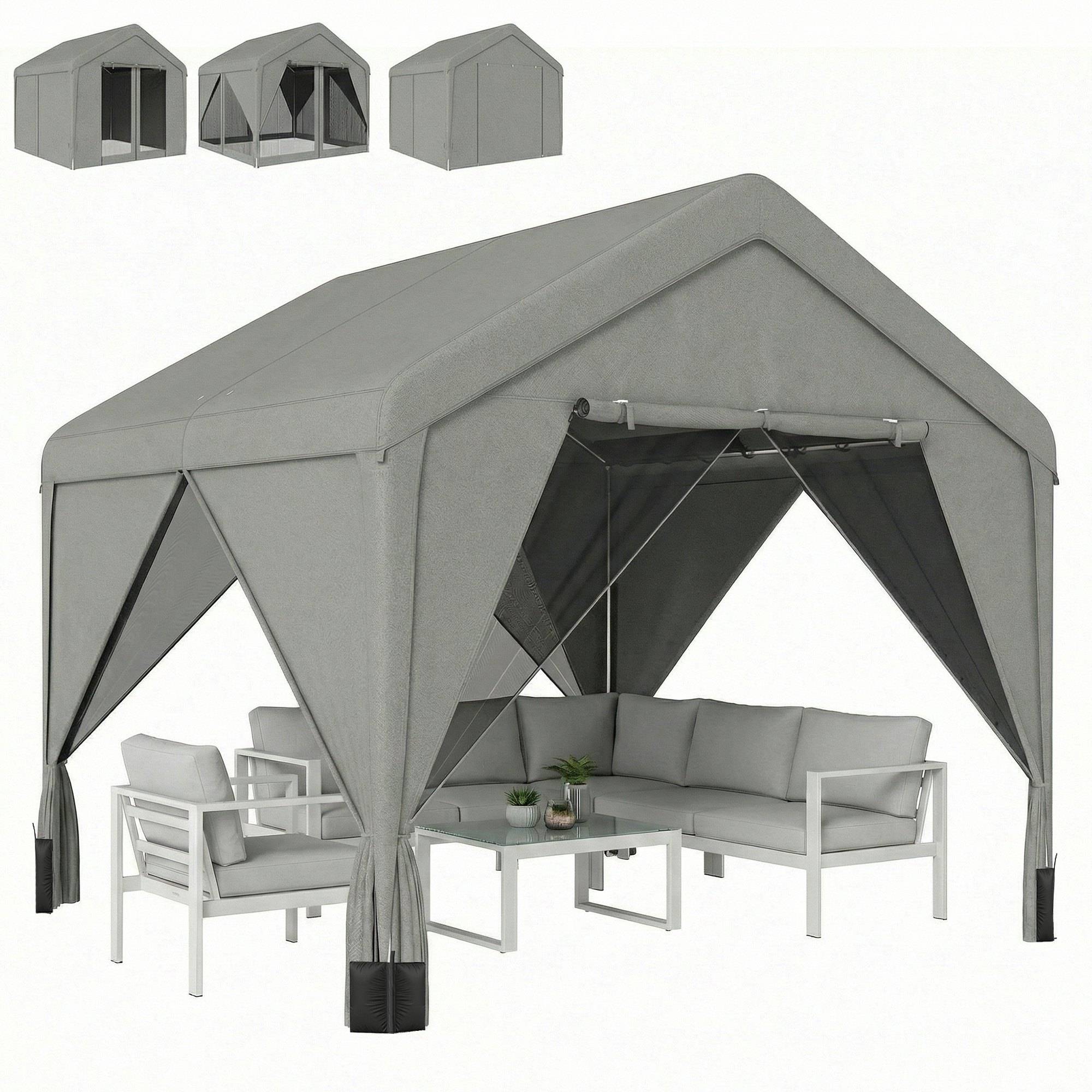 Tonnelle de jardin pavillon de jardin hydrofuge structure robuste en acier galvanisé avec toit double pente 3x3m gris - Image 1