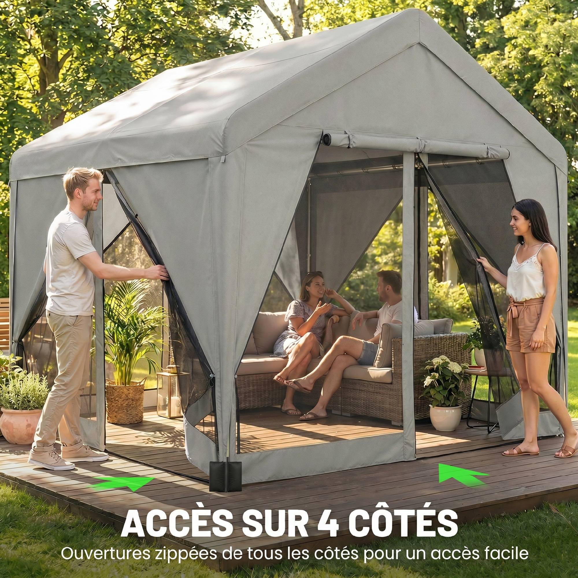 Tonnelle de jardin pavillon de jardin hydrofuge structure robuste en acier galvanisé avec toit double pente 3x3m gris - Image 8