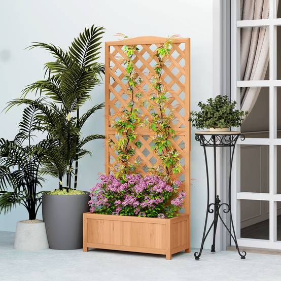 Jardinière avec treillis bac à fleurs avec treillis fond à lattes bois massif 76 x 36 x 170 cm marron - Image 10