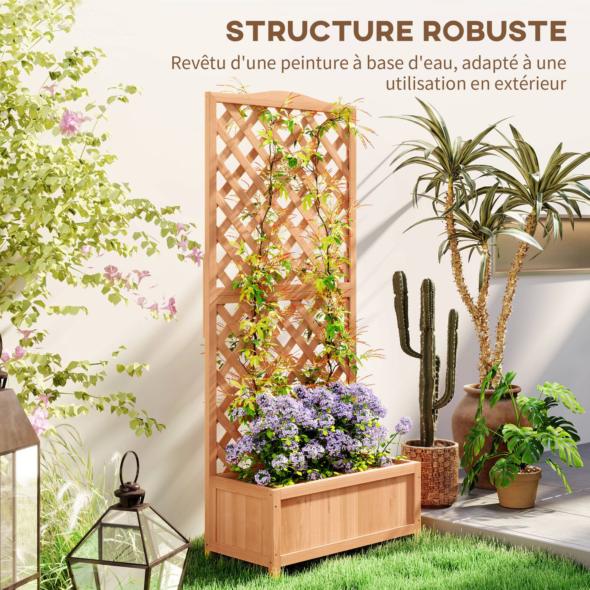 Jardinière avec treillis bac à fleurs avec treillis fond à lattes bois massif 76 x 36 x 170 cm marron - Image 9