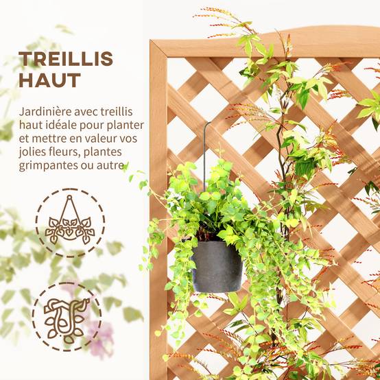 Jardinière avec treillis bac à fleurs avec treillis fond à lattes bois massif 76 x 36 x 170 cm marron - Image 7