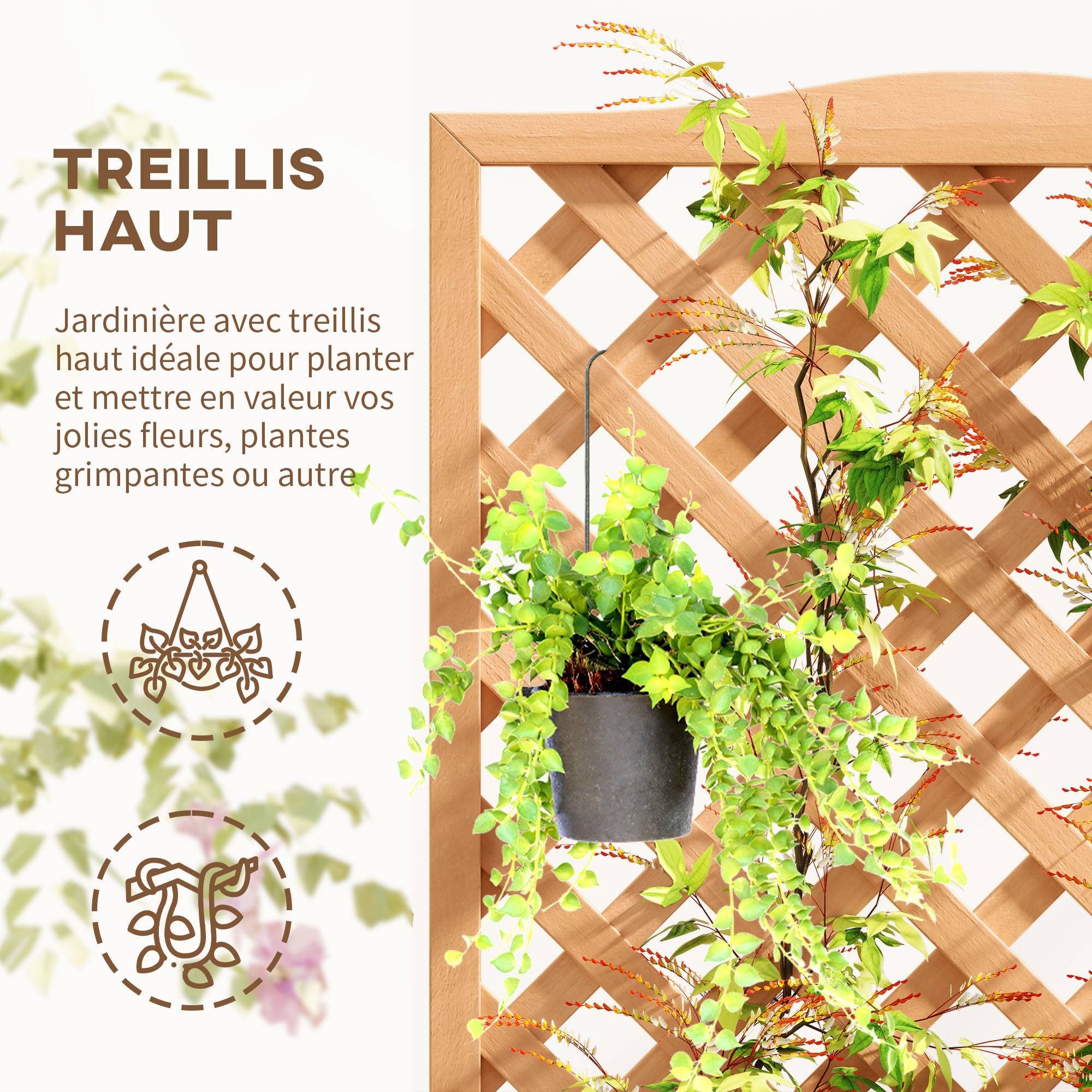 Jardinière avec treillis bac à fleurs avec treillis fond à lattes bois massif 76 x 36 x 170 cm marron - Image 7
