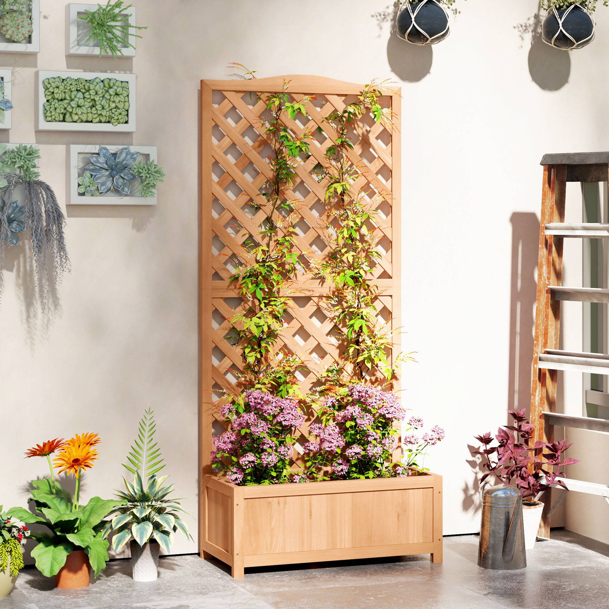 Jardinière avec treillis bac à fleurs avec treillis fond à lattes bois massif 76 x 36 x 170 cm marron - Image 4