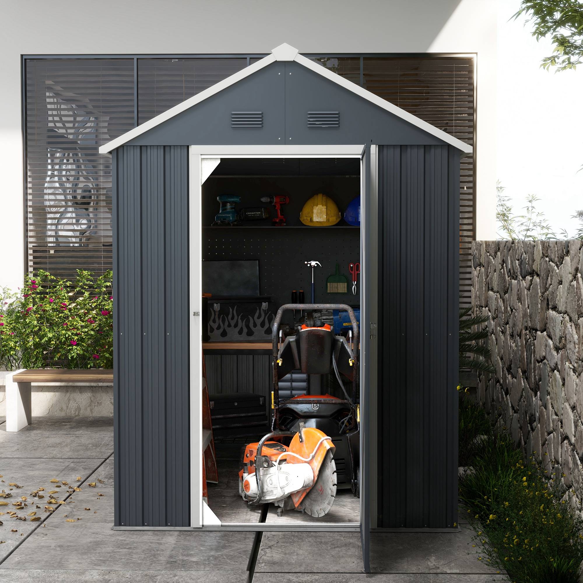 Abri de jardin acier extérieur terrasse stockage avec fenêtre 4m2 gris foncé - ComfortXL Outdoor Living - Image 7