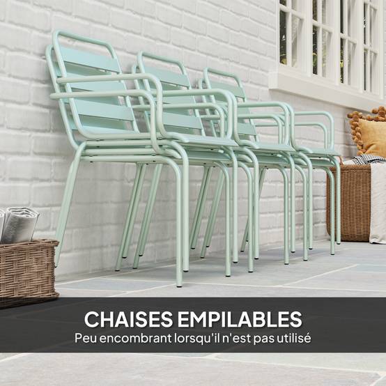 Outsunny - Ensemble salle à manger 7 pièces avec table et 6 chaises empilables en acier vert clair - Outsunny - Image 6