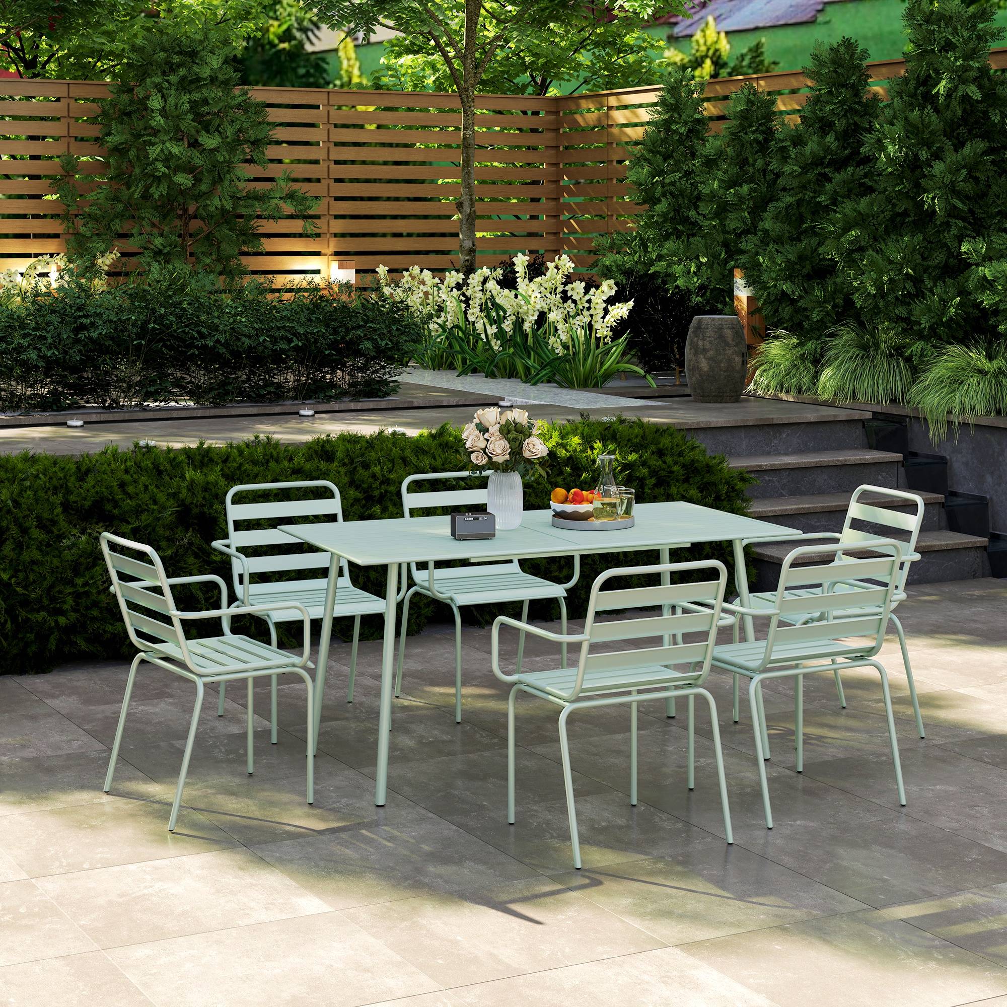 Outsunny - Ensemble salle à manger 7 pièces avec table et 6 chaises empilables en acier vert clair - Outsunny - Image 2