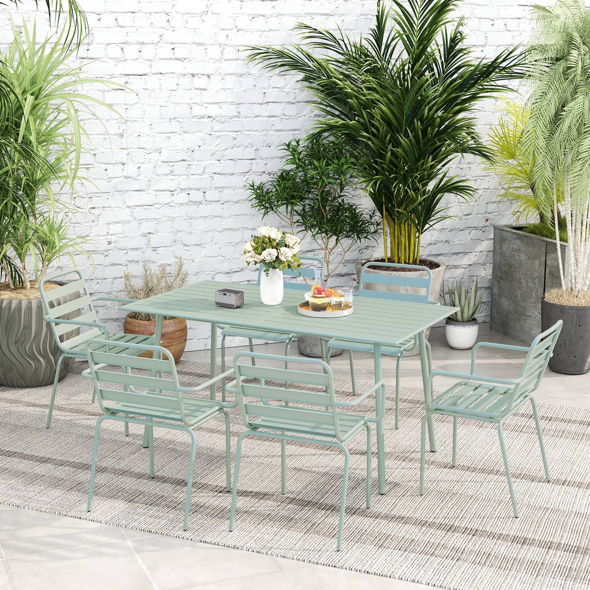 Outsunny - Ensemble salle à manger 7 pièces avec table et 6 chaises empilables en acier vert clair - Outsunny - Image 5