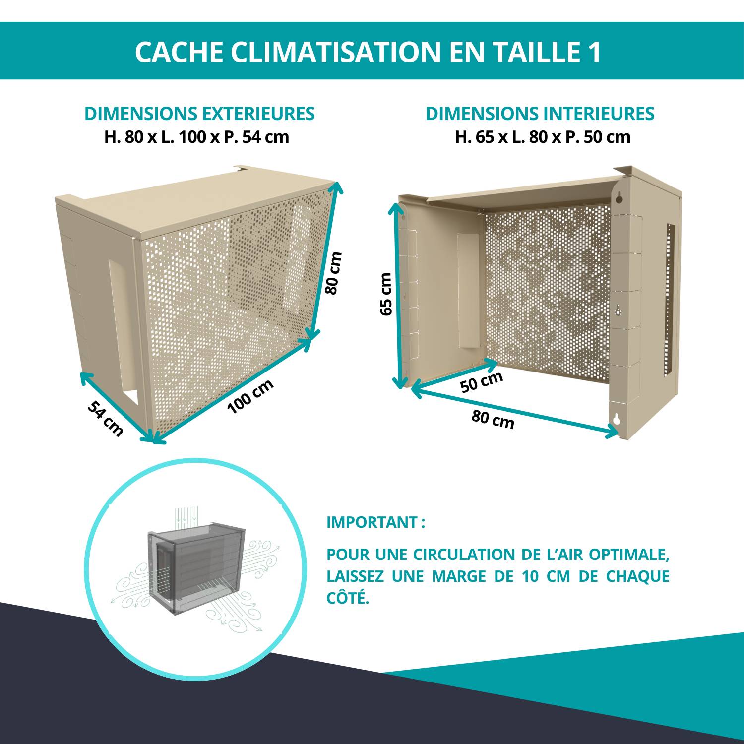 Cache climatiseur, ATOLE en aluminium thermolaqué - Taille 1 : H. 80 x L. 100 x P. 54 cm - Crème - Image 3