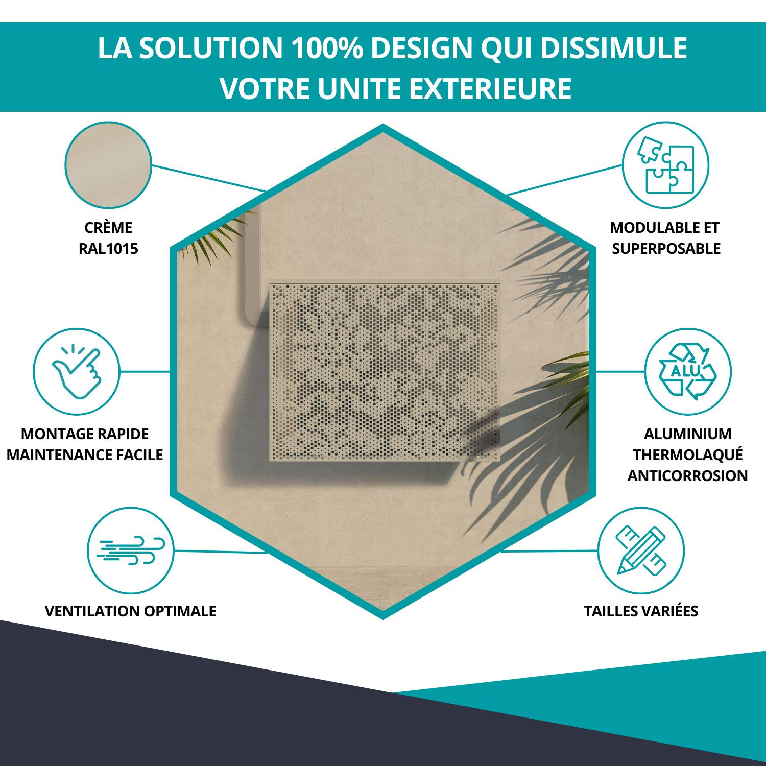 Cache climatiseur, ATOLE en aluminium thermolaqué - Taille 1 : H. 80 x L. 100 x P. 54 cm - Crème - Image 2