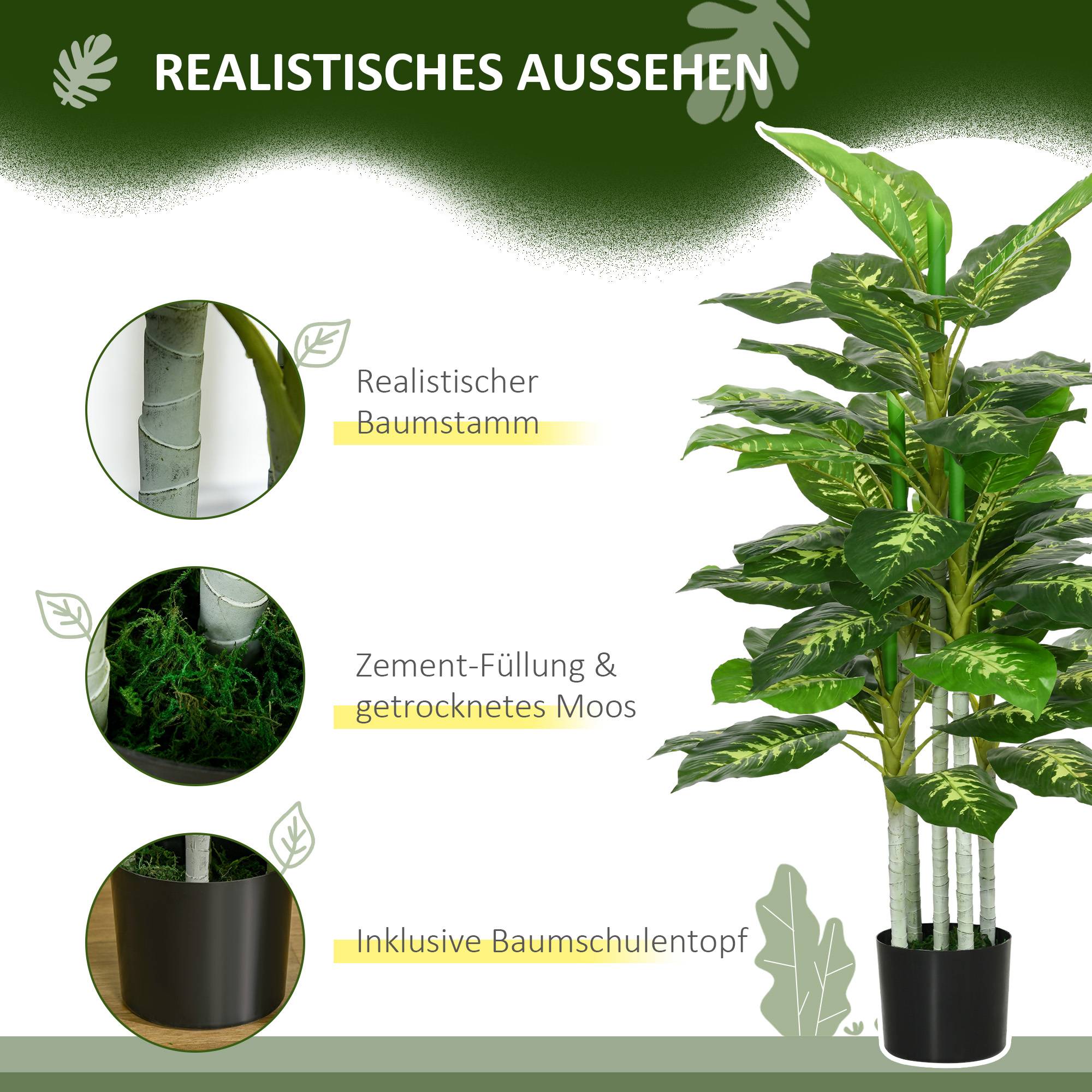 Sans Marque - Plante artificielle, plante en plastique, pot en ciment, intérieur/extérieur, 120 cm, vert - Image 7