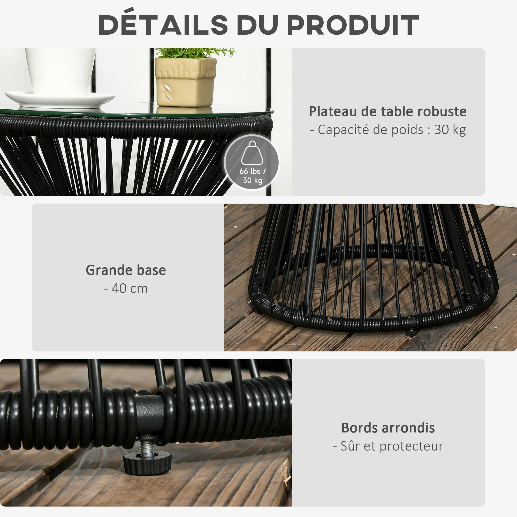 Sans Marque - Table de jardin ronde en résine tressée imitation rotin table de bistrot métal plateau verre trempé Ø 40 x 42 cm noir - Image 8