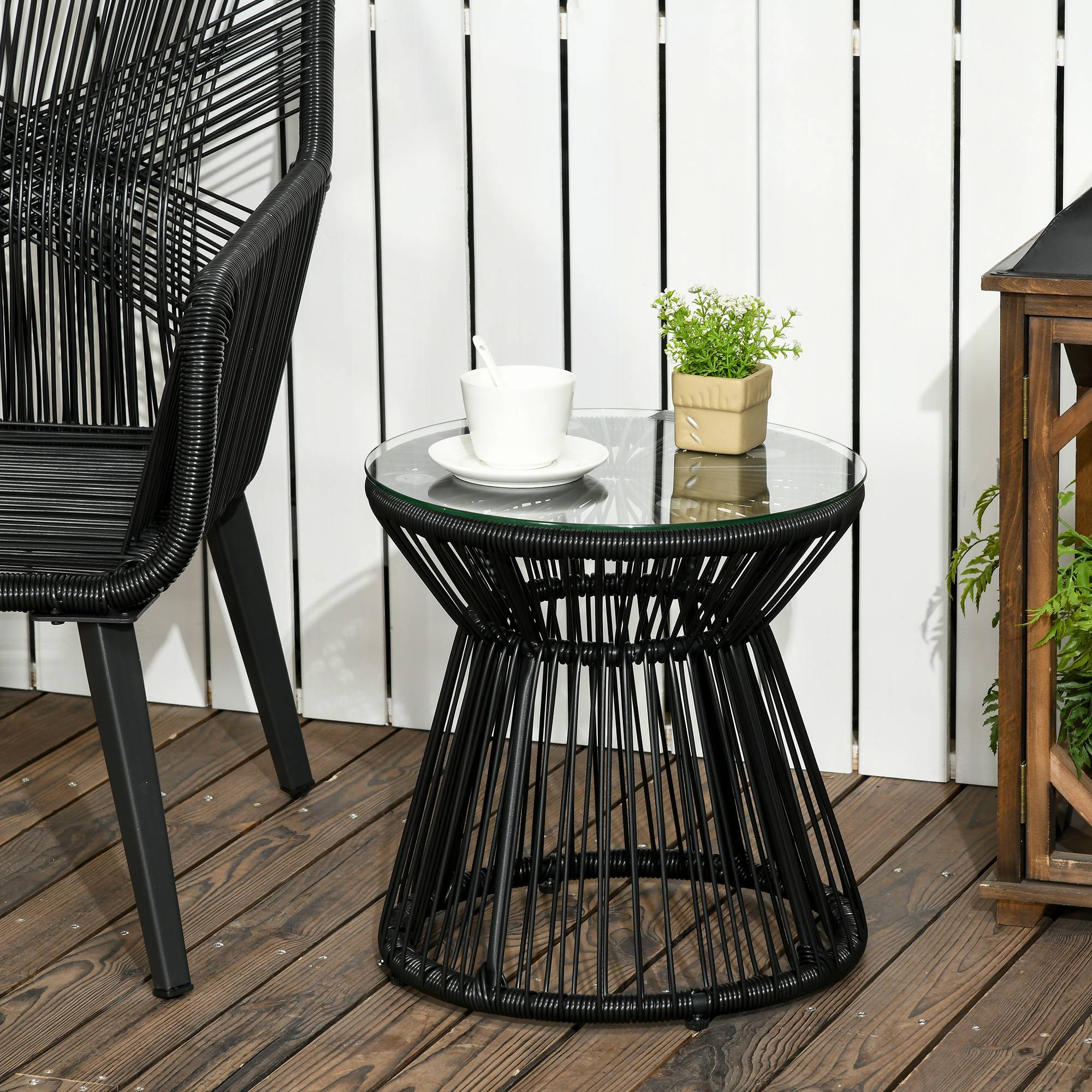 Sans Marque - Table de jardin ronde en résine tressée imitation rotin table de bistrot métal plateau verre trempé Ø 40 x 42 cm noir - Image 3