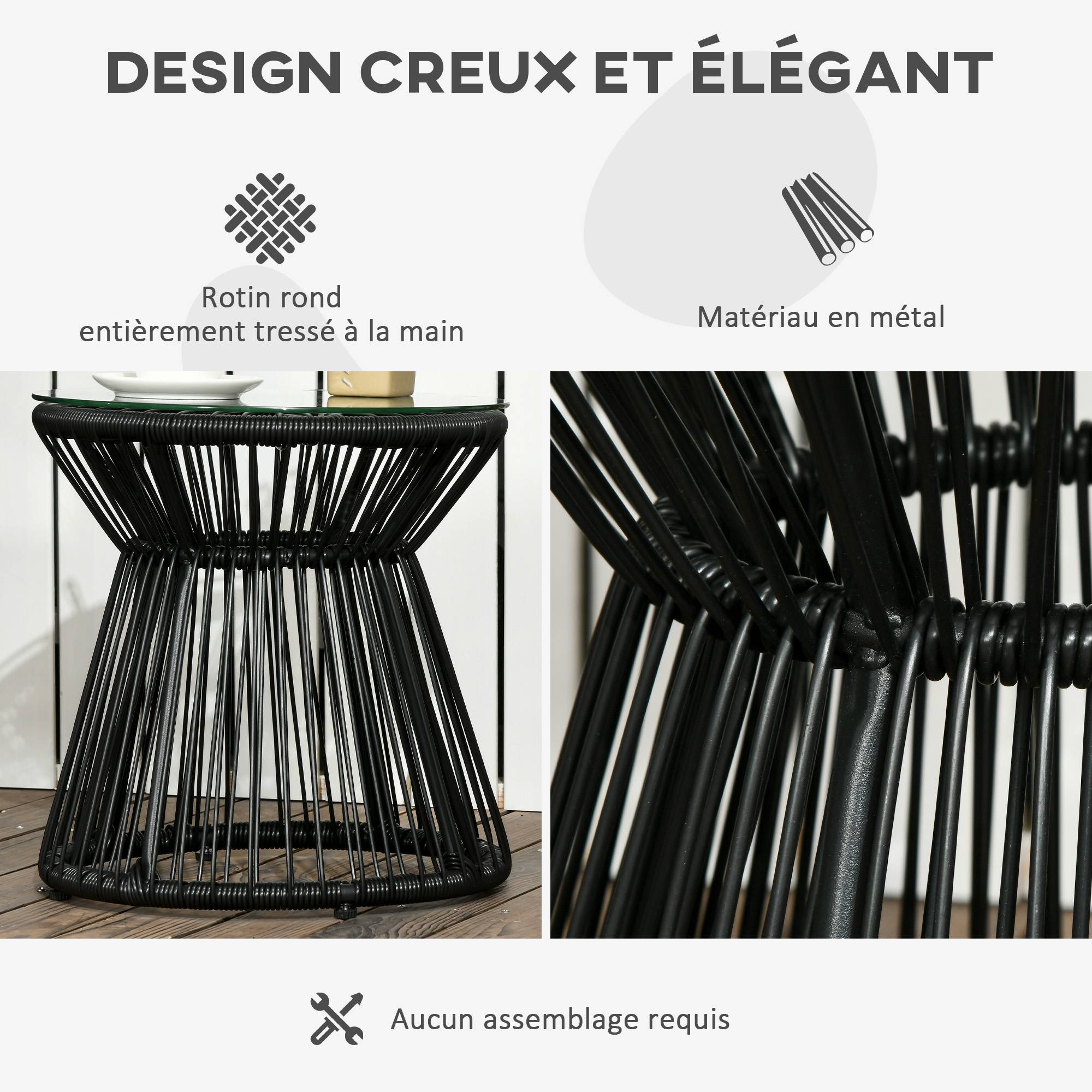 Sans Marque - Table de jardin ronde en résine tressée imitation rotin table de bistrot métal plateau verre trempé Ø 40 x 42 cm noir - Image 7
