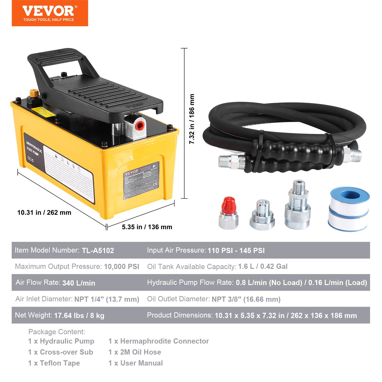 VEVOR Pompe hydraulique à air 10000 PSI, pied pneumatique, réservoir 1.6L, pour réparation automobile. - Image 7