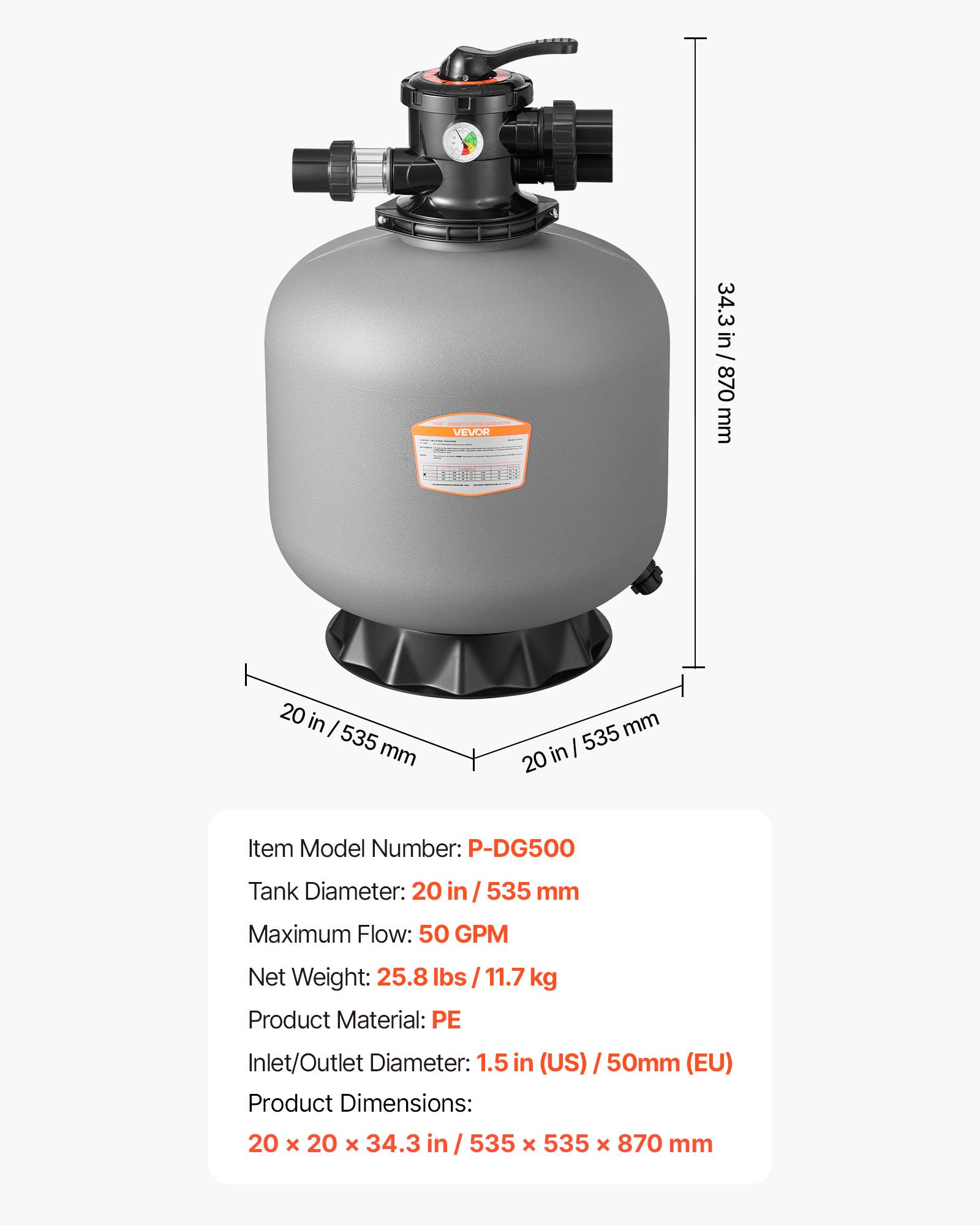 Vevor - VEVOR Filtre à sable 50,8 cm pour piscine 189,3 L/min, vanne 7 voies, compatible hors sol et creusée - Image 6