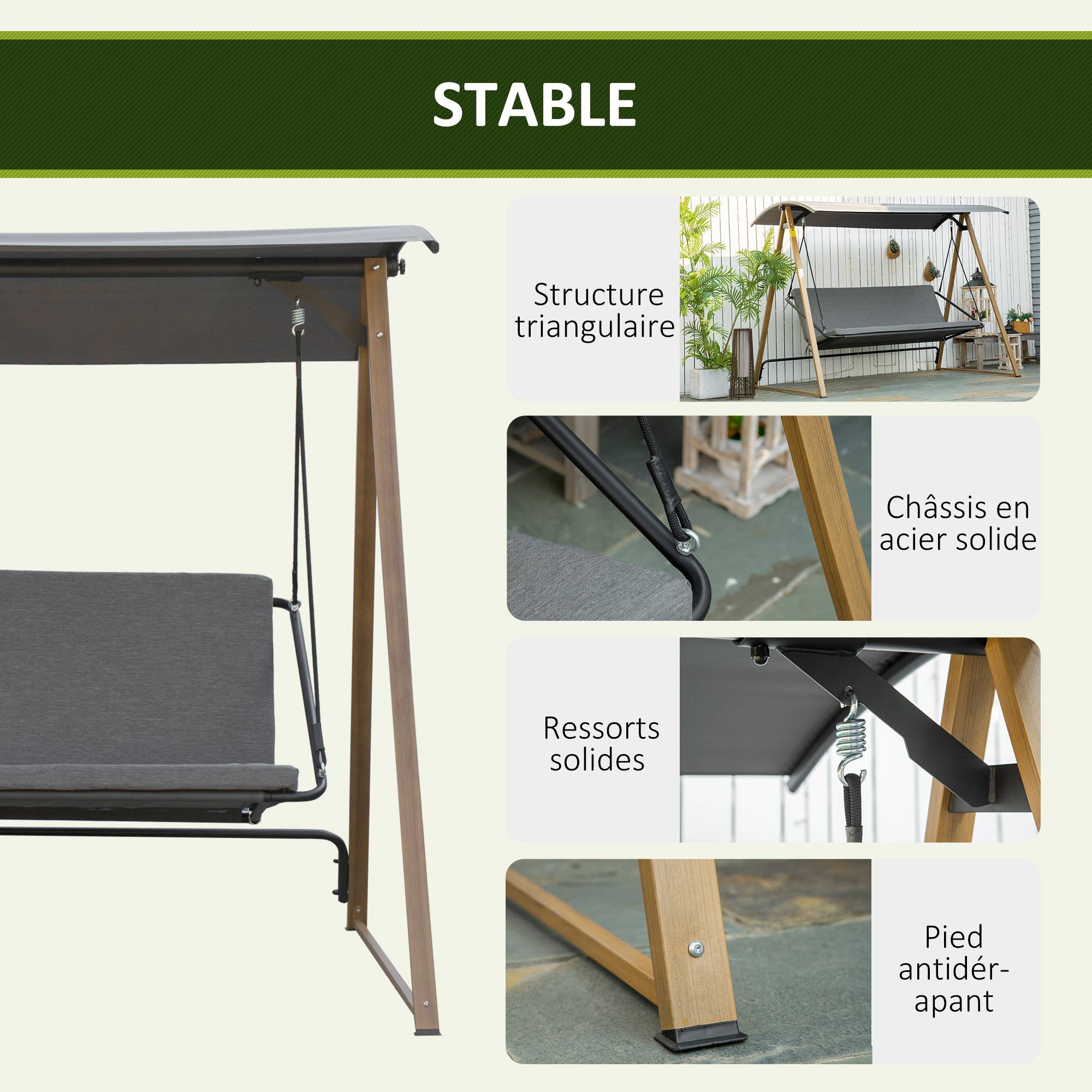 Outsunny - Balancelle de jardin 3 places design contemporain auvent réglable textilène polyester gris acier aspect bois - Outsunny - Image 7