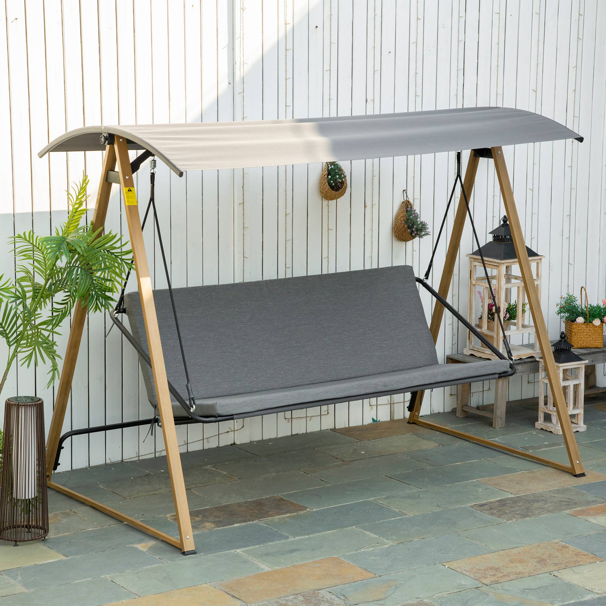 Outsunny - Balancelle de jardin 3 places design contemporain auvent réglable textilène polyester gris acier aspect bois - Outsunny - Image 2