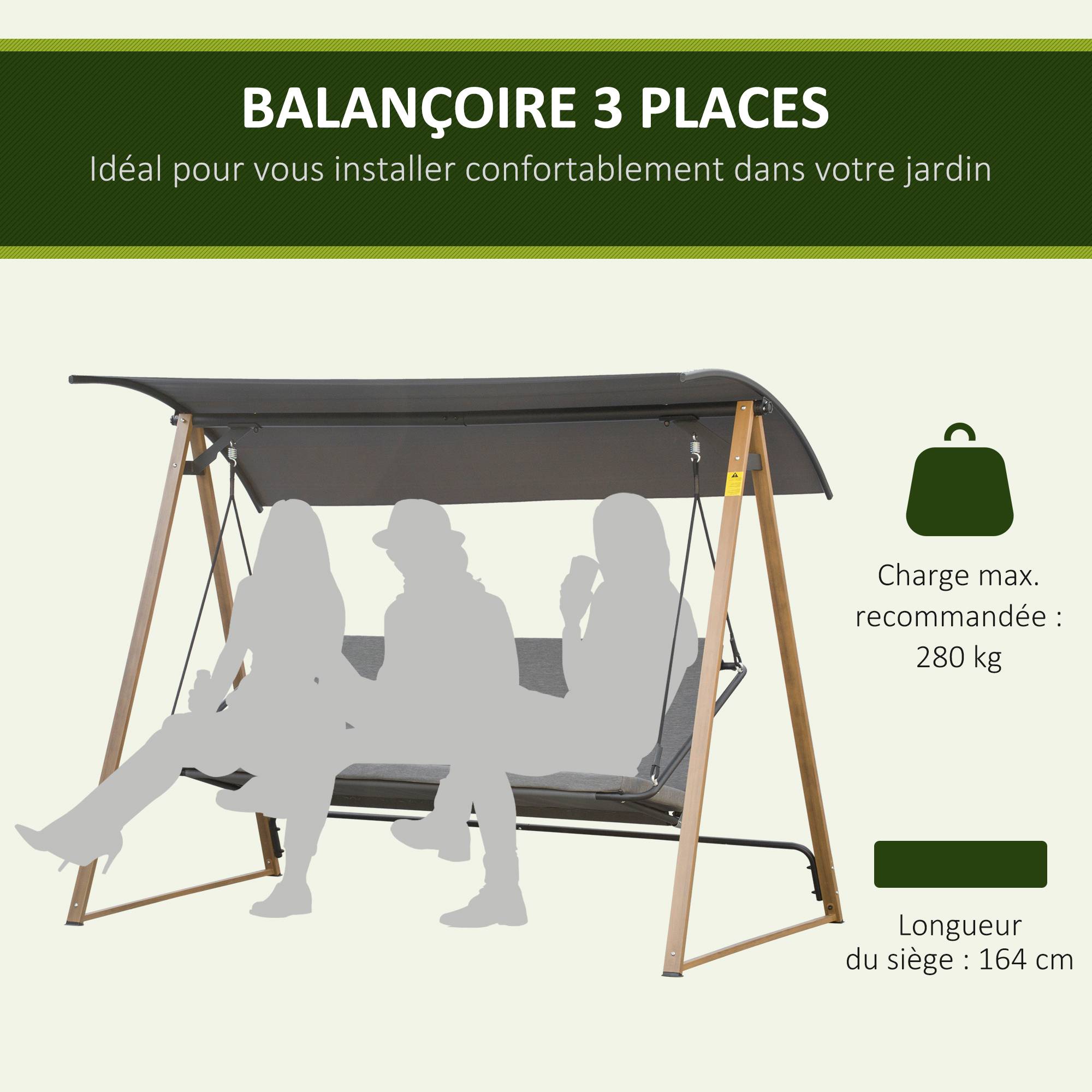 Outsunny - Balancelle de jardin 3 places design contemporain auvent réglable textilène polyester gris acier aspect bois - Outsunny - Image 4