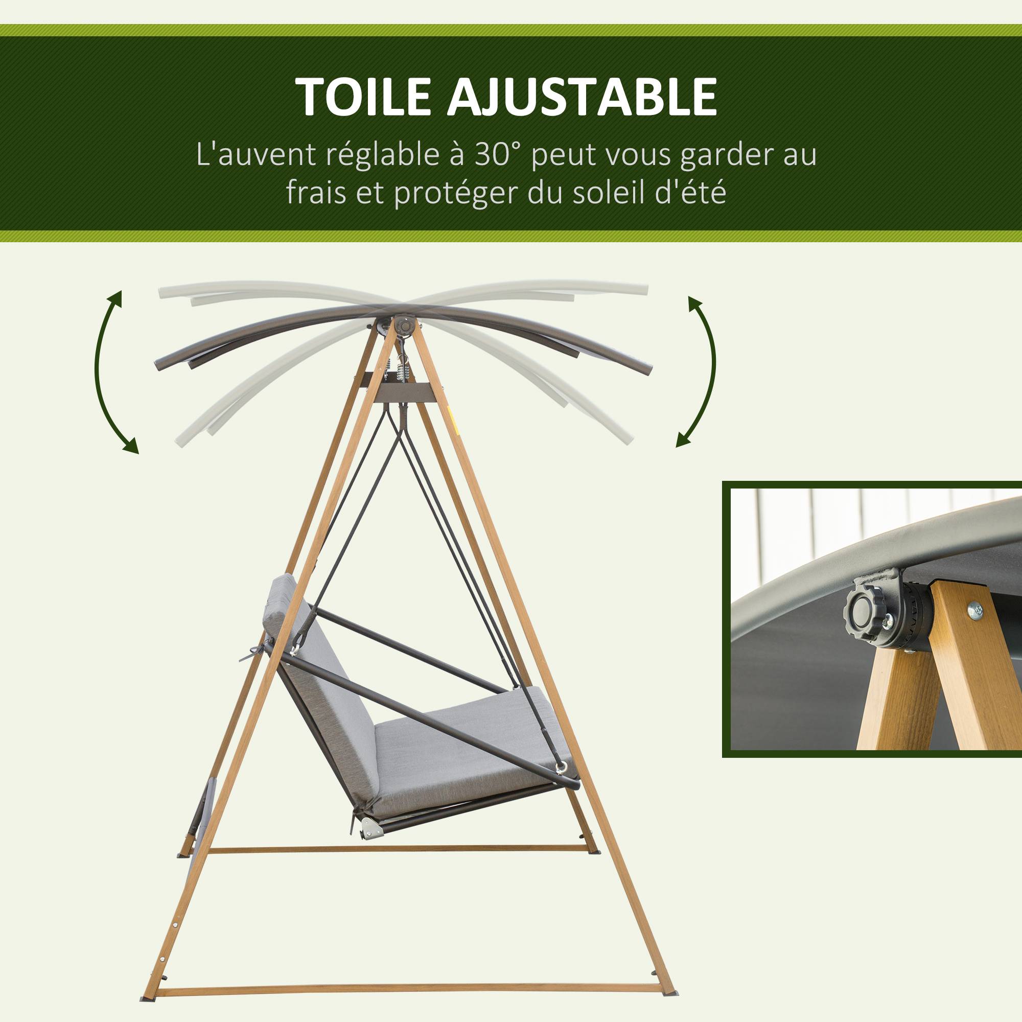 Outsunny - Balancelle de jardin 3 places design contemporain auvent réglable textilène polyester gris acier aspect bois - Outsunny - Image 5