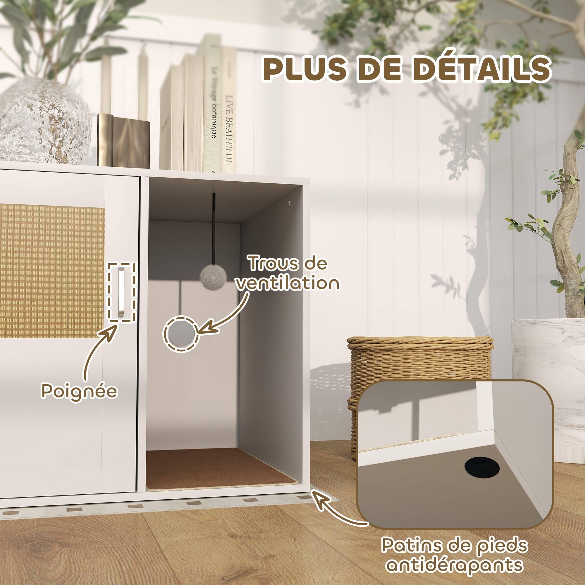 PANGIVO - Meuble litière pour chat bois et rotin blanc 80 x 50 x 50 cm - PANGIVO - Image 10