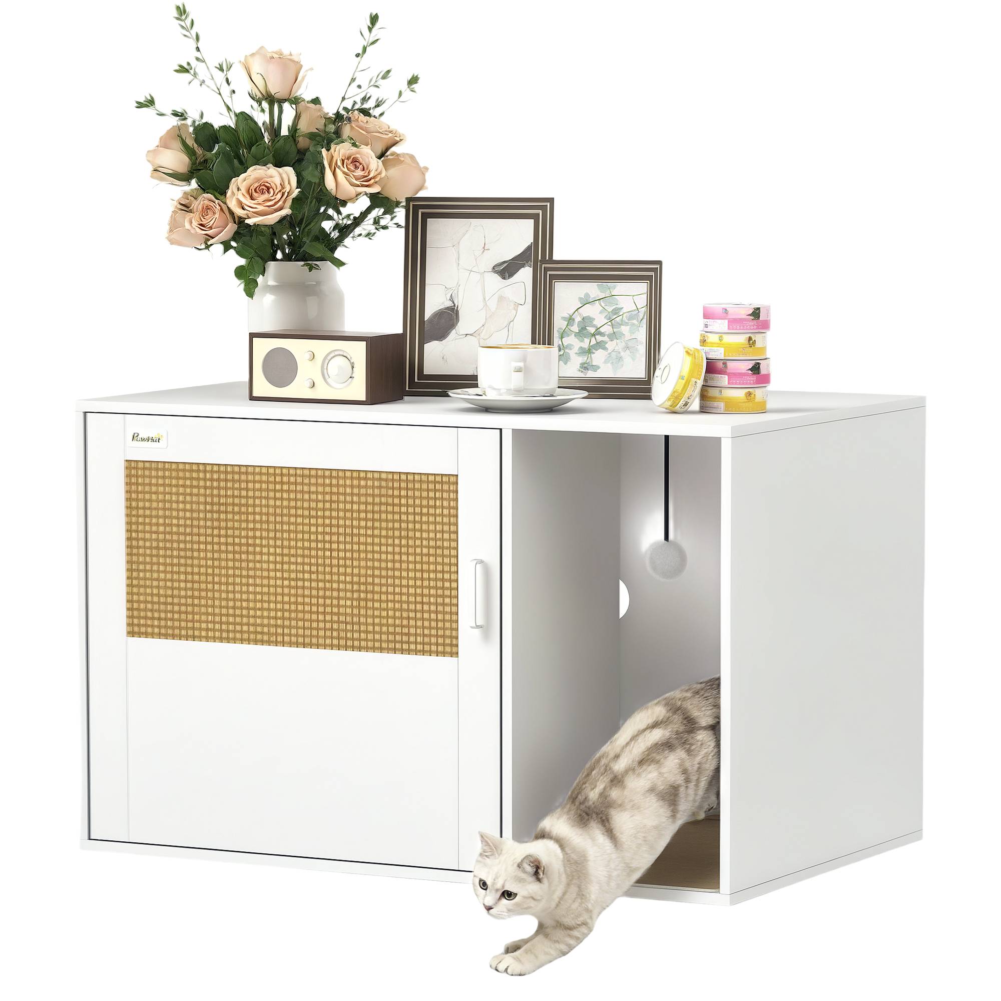 PANGIVO - Meuble litière pour chat bois et rotin blanc 80 x 50 x 50 cm - PANGIVO
