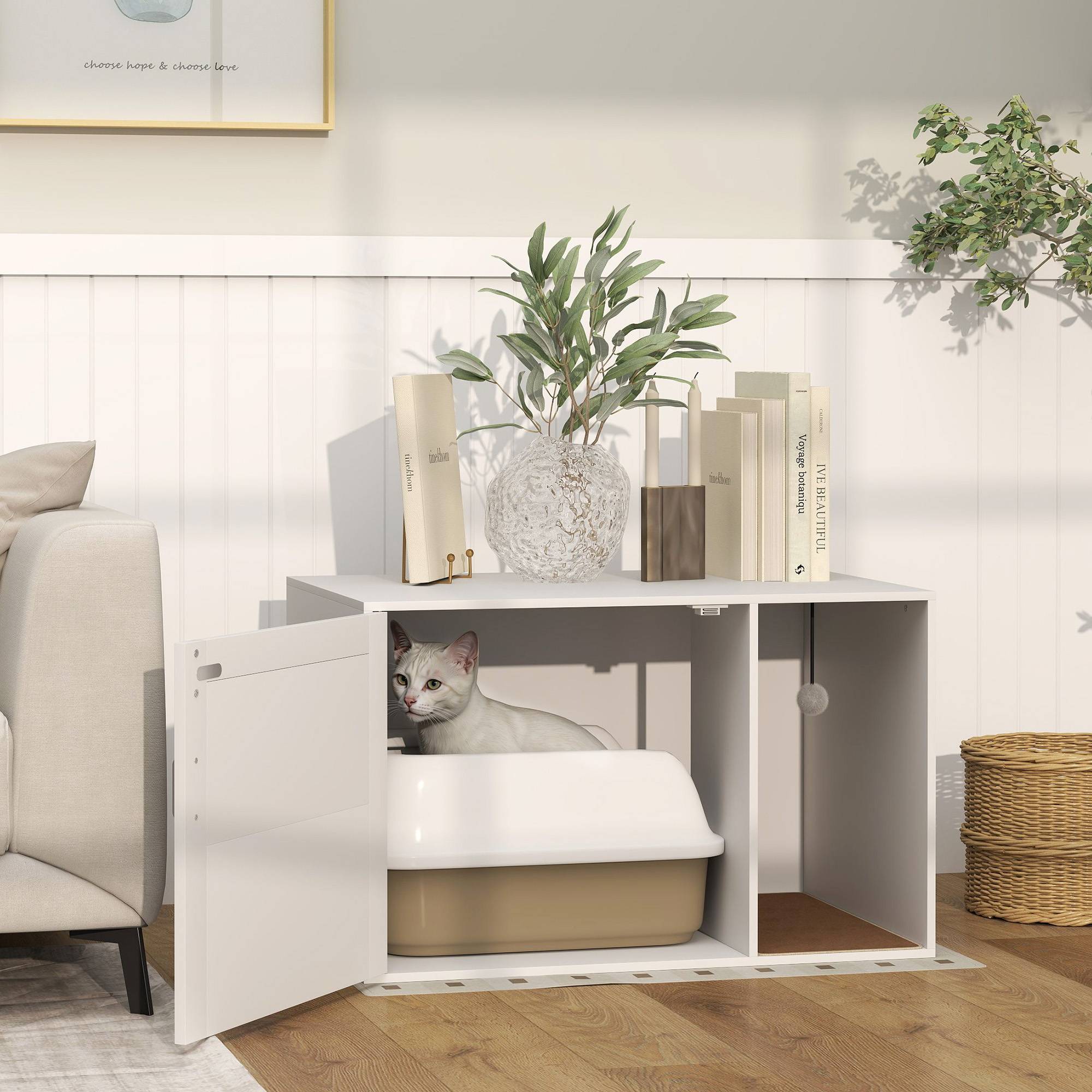 PANGIVO - Meuble litière pour chat bois et rotin blanc 80 x 50 x 50 cm - PANGIVO - Image 3