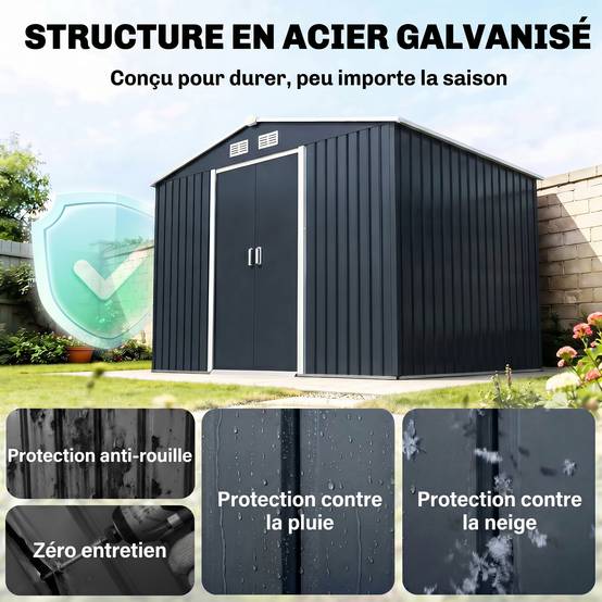 Abri de jardin 5,4 m² 2,77 x 1,95 x 1,92 m kit de fondation porte coulissante ventilations acier galvanisé, gris foncé - Image 6