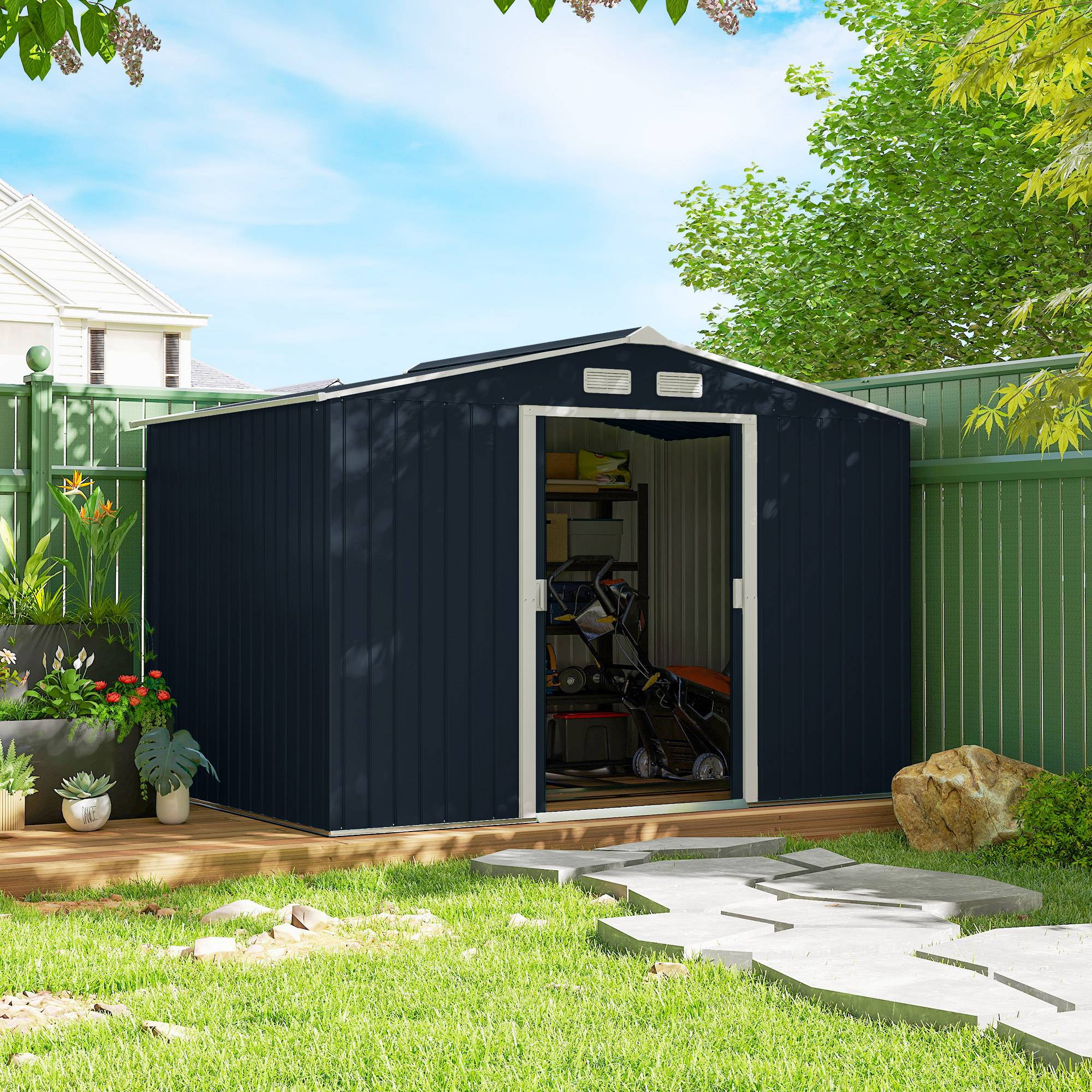 Abri de jardin 5,4 m² 2,77 x 1,95 x 1,92 m kit de fondation porte coulissante ventilations acier galvanisé, gris foncé - Image 4