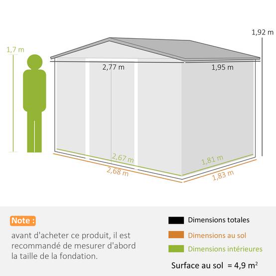Abri de jardin 5,4 m² 2,77 x 1,95 x 1,92 m kit de fondation porte coulissante ventilations acier galvanisé, gris foncé - Image 5