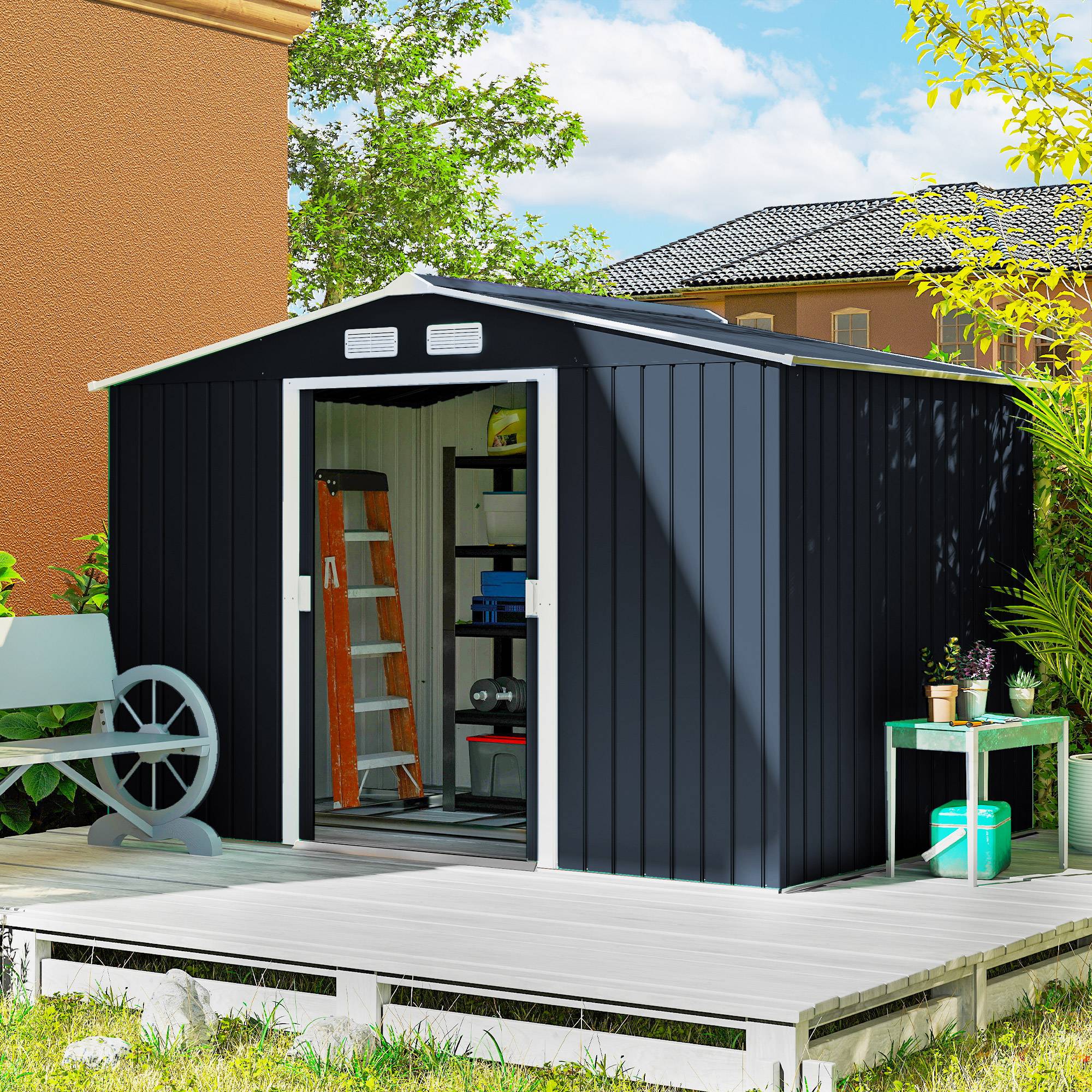 Abri de jardin 5,4 m² 2,77 x 1,95 x 1,92 m kit de fondation porte coulissante ventilations acier galvanisé, gris foncé - Image 3