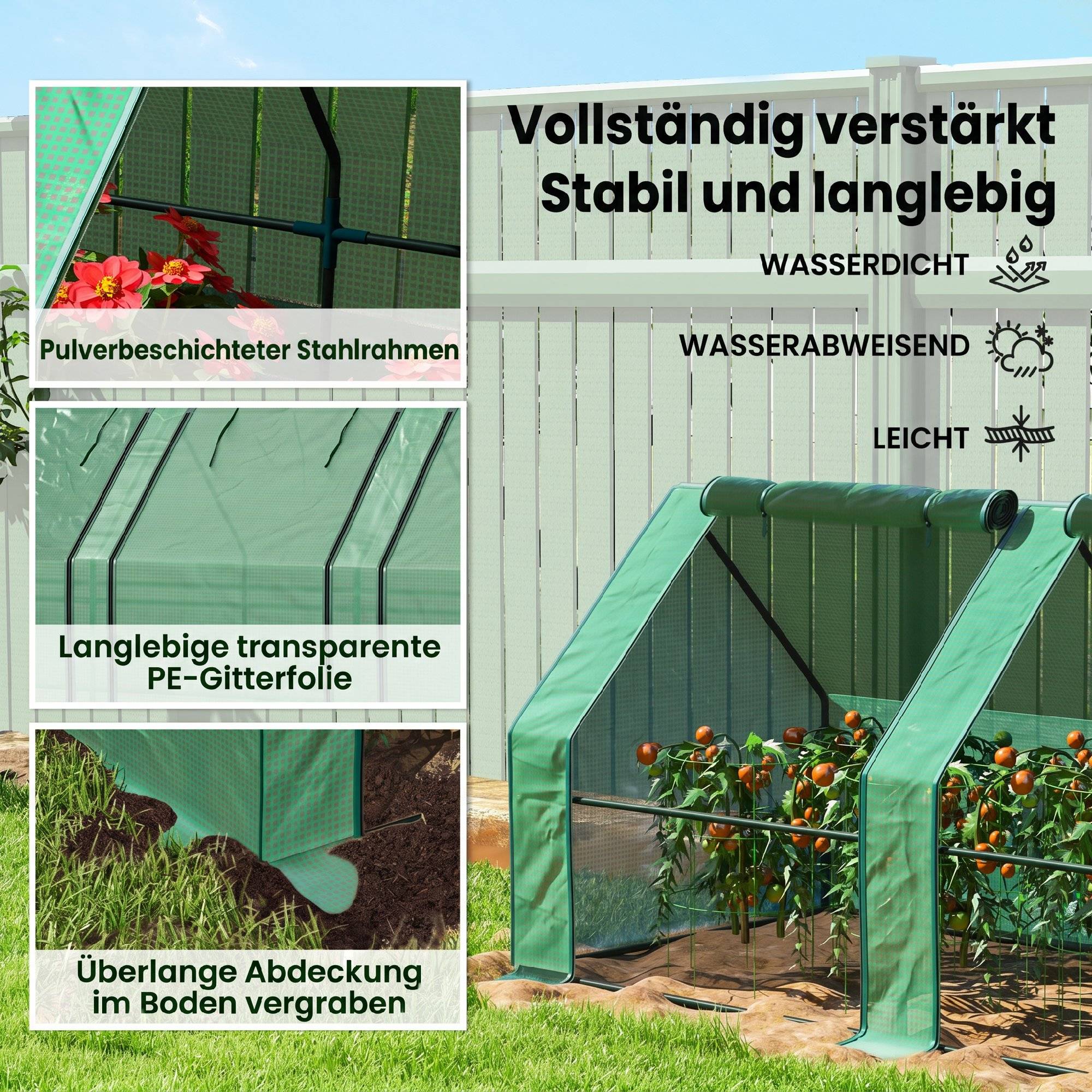 ComfortXL - Serre tunnel basse en acier et PE 360 x 90 x 90 cm verte avec 4 portes zippées pour potager et terrasse - Image 5