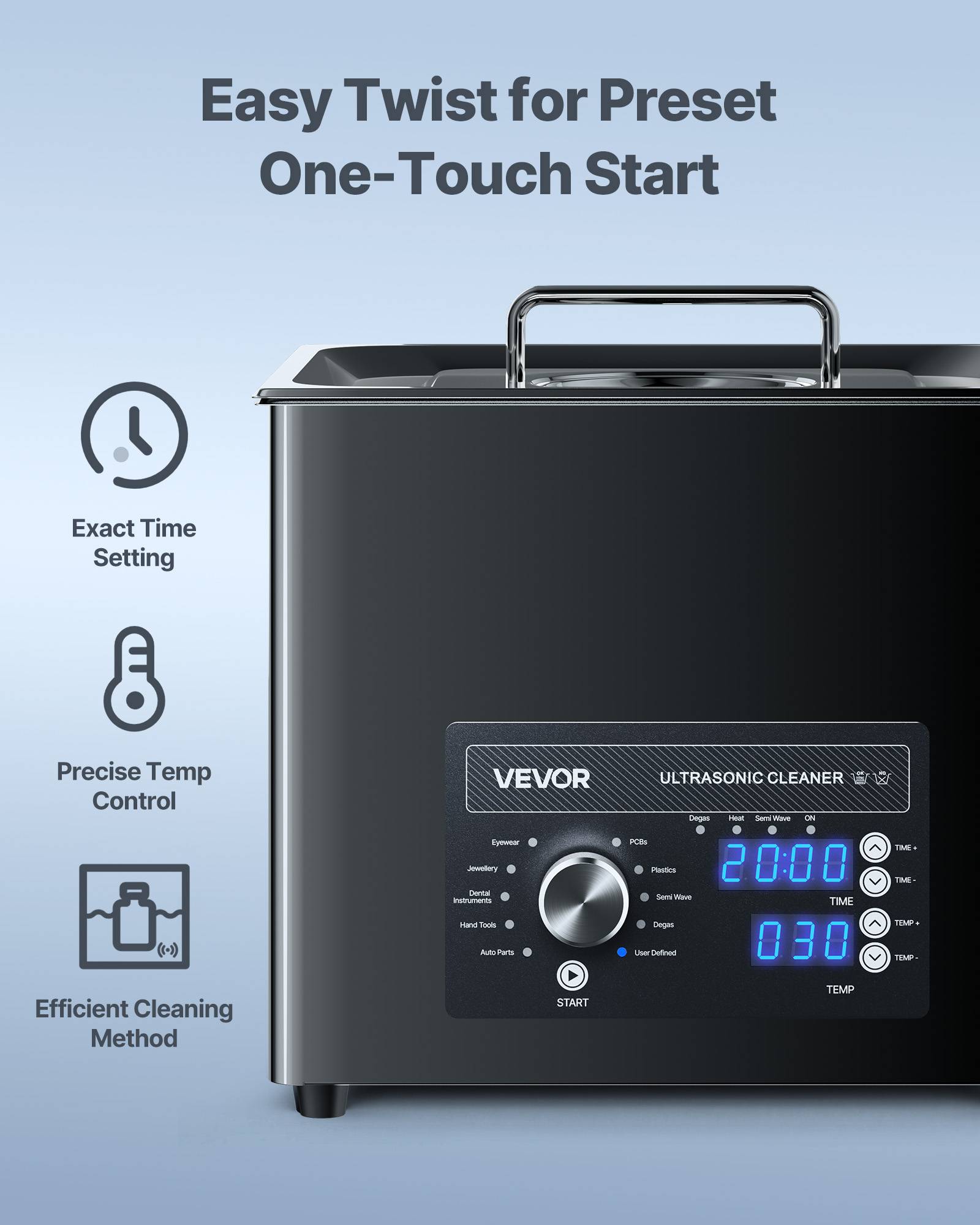 Vevor - VEVOR Nettoyeur à ultrasons 10 L, cuve inox 304, 40 kHz, 4 transducteurs, panier et accessoires, minuterie 0-90 min, 0-80 °C, noir. - Image 3