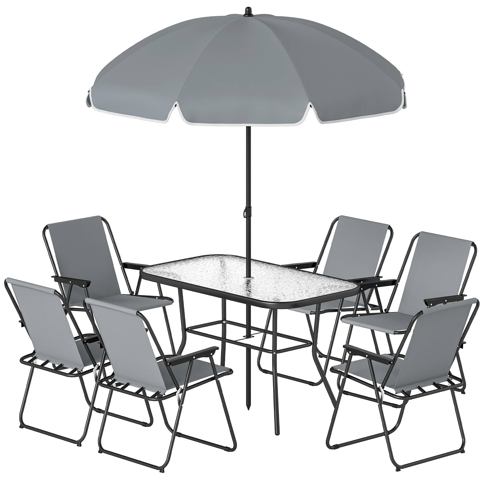 Outsunny - Salon de jardin extérieur 8 pièces - avec parasol et 6 chaises pliantes - plateau verre trempé, structure acier - gris - Outsunny - Image 5
