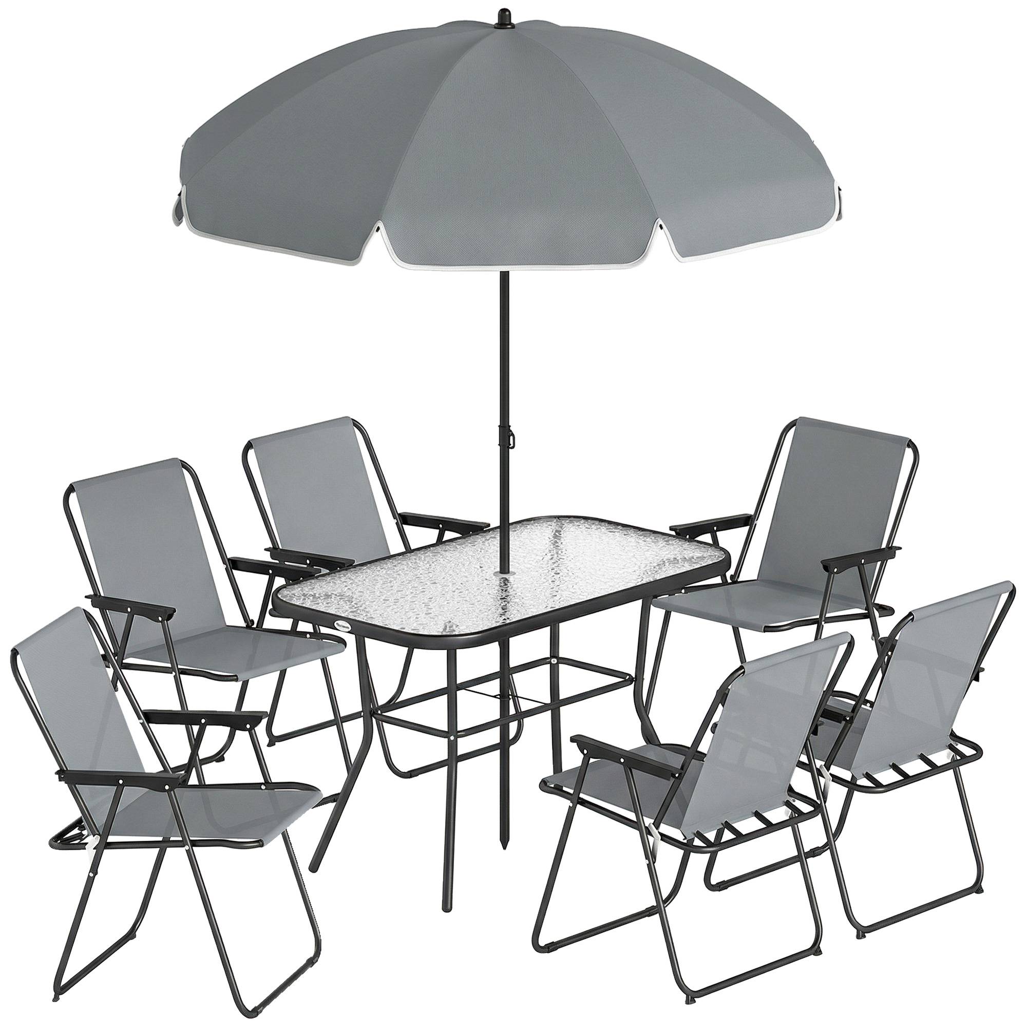 Outsunny - Salon de jardin extérieur 8 pièces - avec parasol et 6 chaises pliantes - plateau verre trempé, structure acier - gris - Outsunny - Image 1