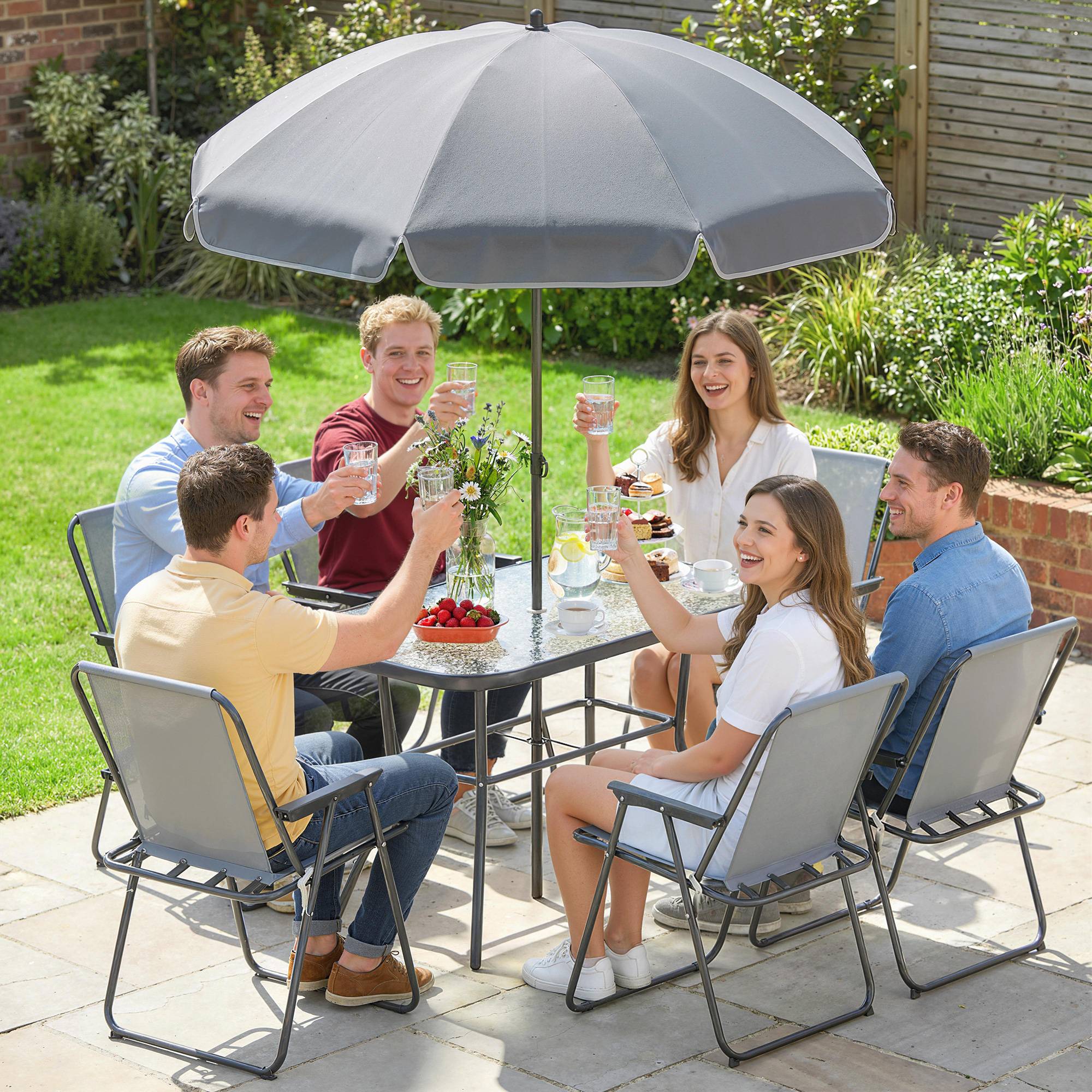 Outsunny - Salon de jardin extérieur 8 pièces - avec parasol et 6 chaises pliantes - plateau verre trempé, structure acier - gris - Outsunny - Image 4