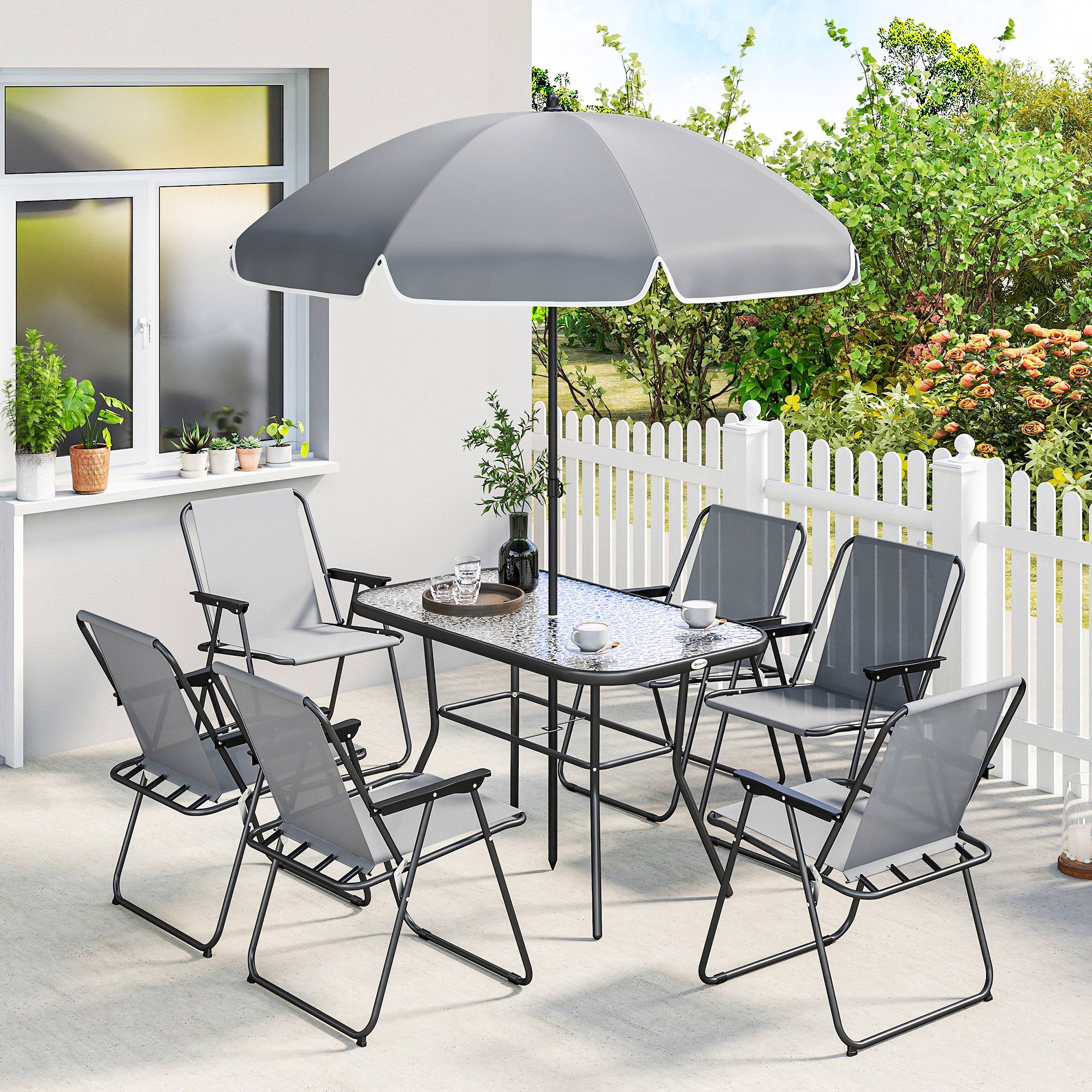 Outsunny - Salon de jardin extérieur 8 pièces - avec parasol et 6 chaises pliantes - plateau verre trempé, structure acier - gris - Outsunny - Image 6