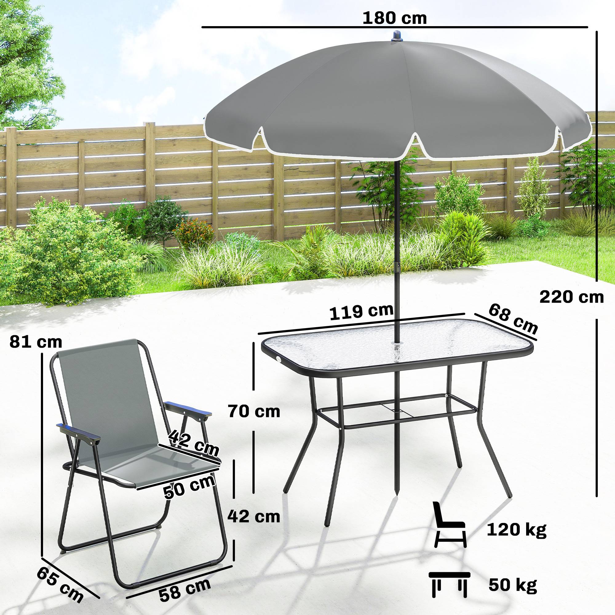 Outsunny - Salon de jardin extérieur 8 pièces - avec parasol et 6 chaises pliantes - plateau verre trempé, structure acier - gris - Outsunny - Image 3