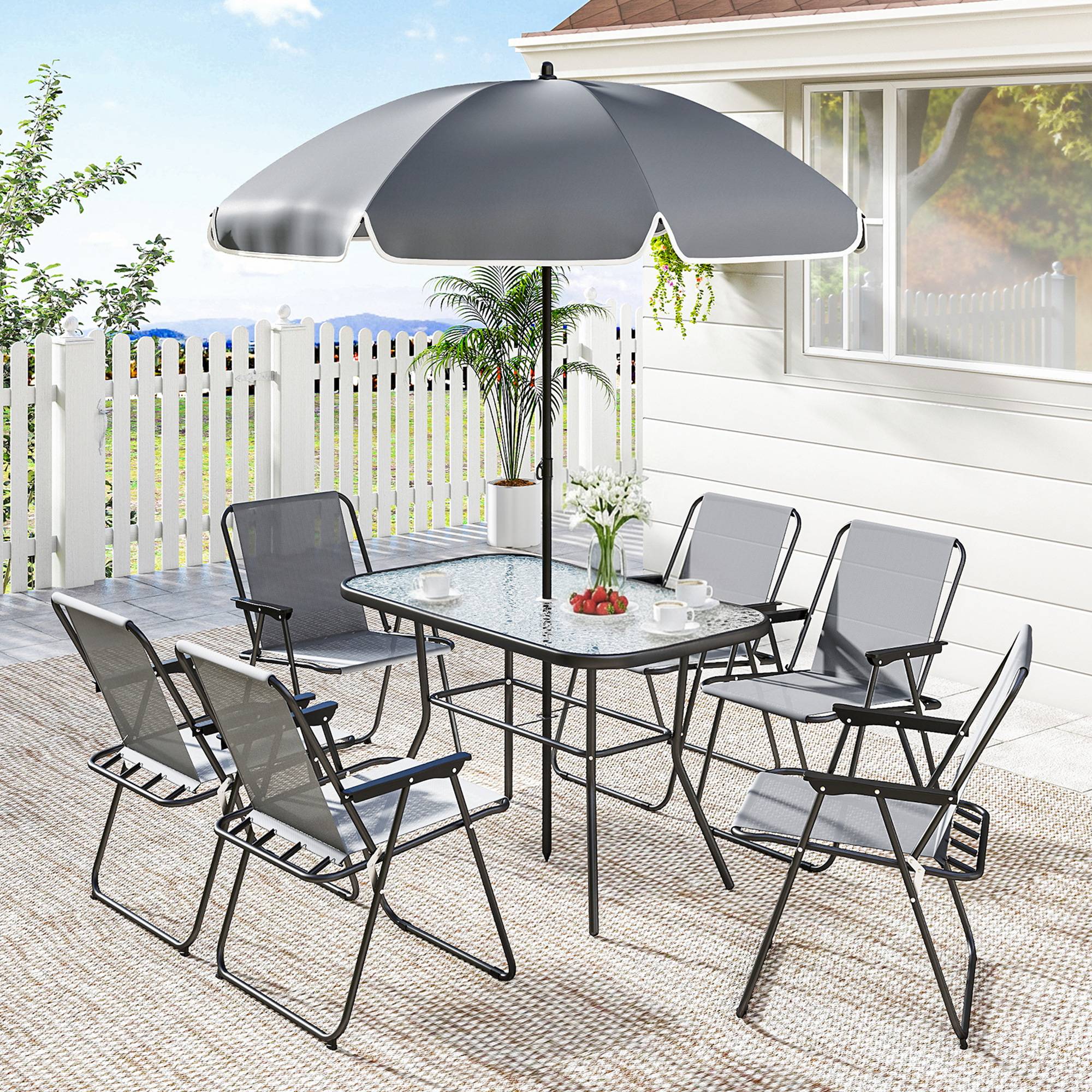 Outsunny - Salon de jardin extérieur 8 pièces - avec parasol et 6 chaises pliantes - plateau verre trempé, structure acier - gris - Outsunny - Image 2