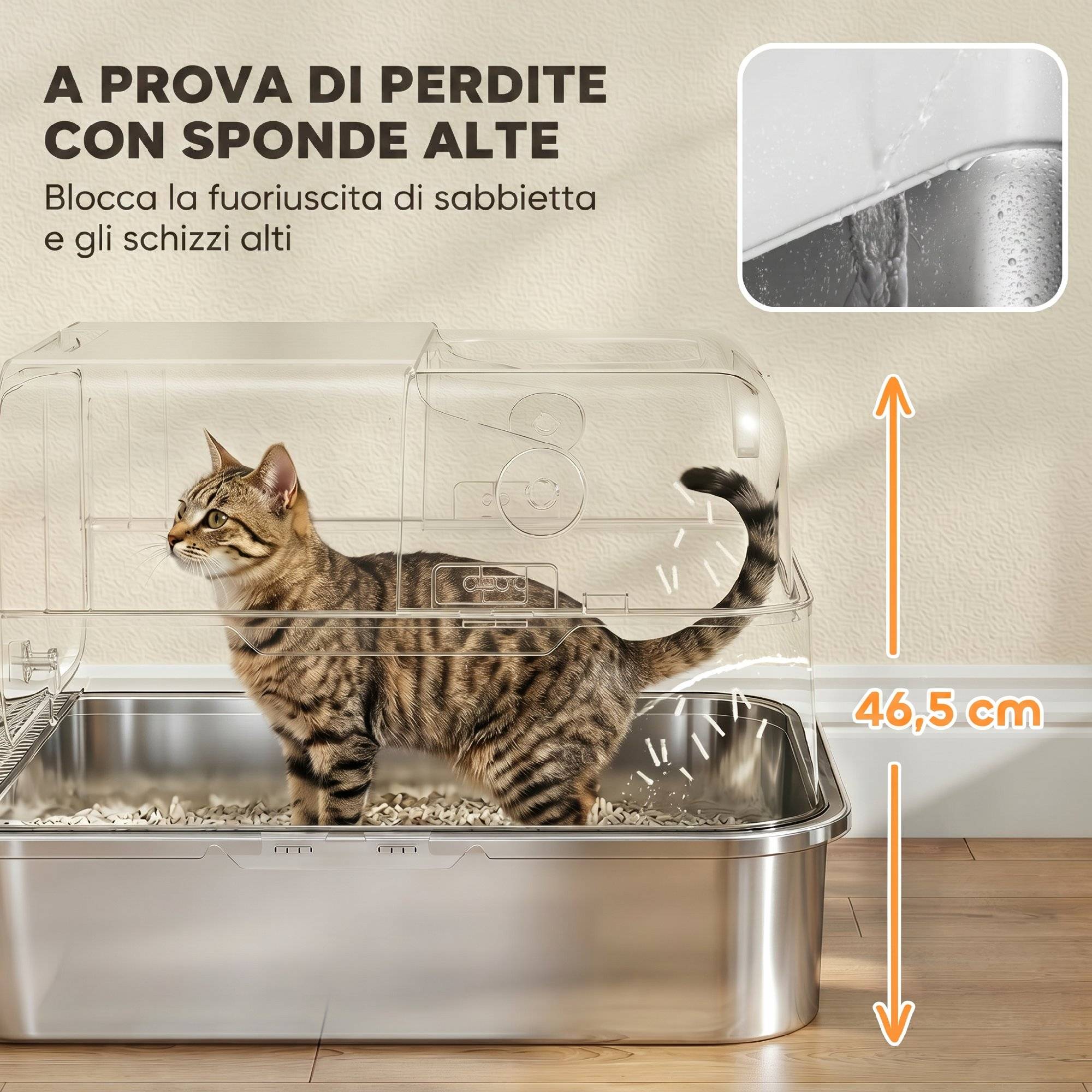 Litière fermée acier inox 52L avec couvercle rabattable, double porte, pelle, blanc - Image 7
