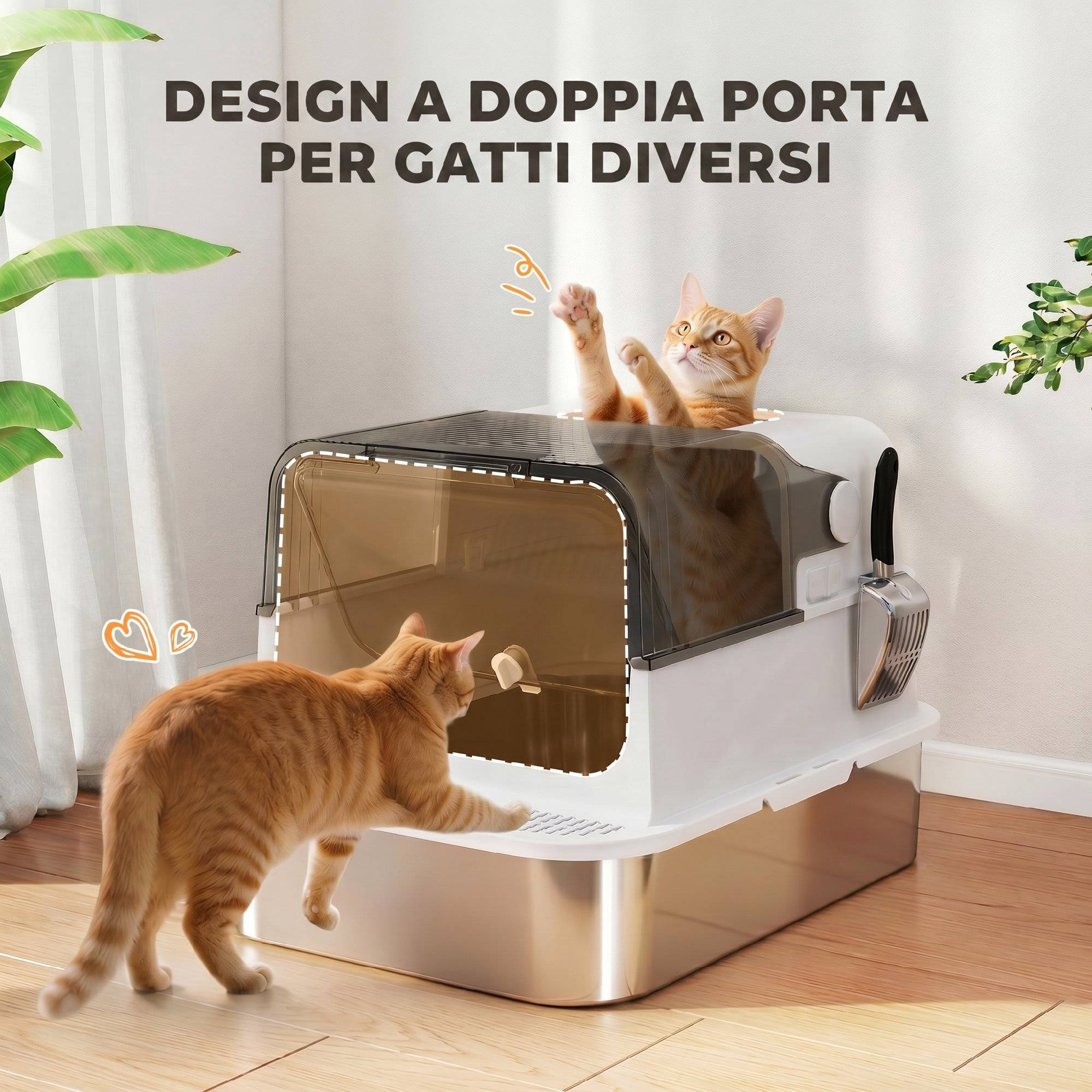 Litière fermée acier inox 52L avec couvercle rabattable, double porte, pelle, blanc - Image 9