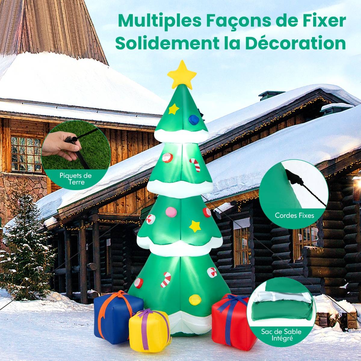 Sapin de Noël Gonflable 180CM avec 3 Paquets Décorations avec LED Arbre de Noël avec Sac de Sable - Image 6