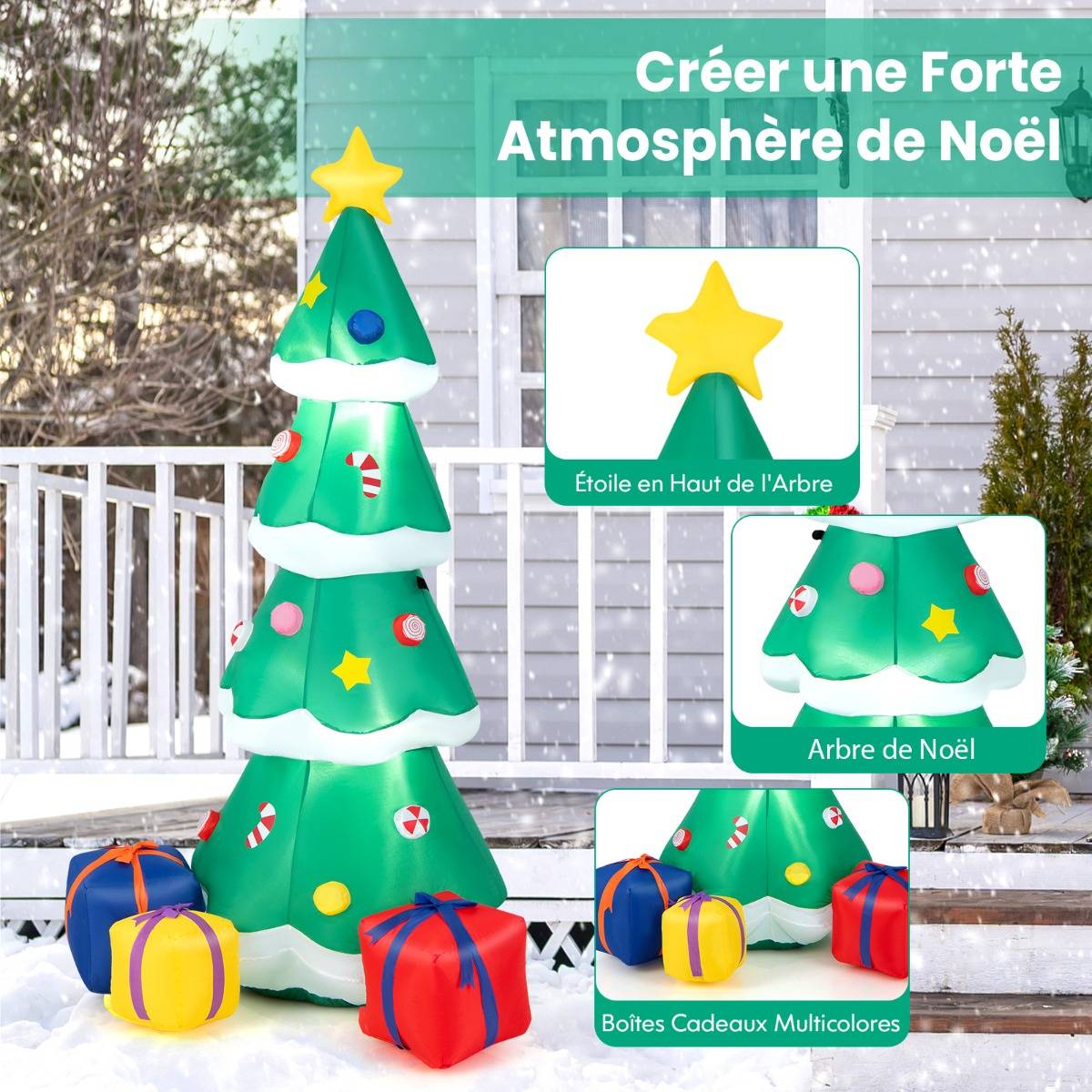 Sapin de Noël Gonflable 180CM avec 3 Paquets Décorations avec LED Arbre de Noël avec Sac de Sable - Image 4