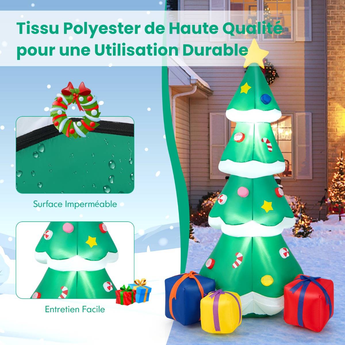 Sapin de Noël Gonflable 180CM avec 3 Paquets Décorations avec LED Arbre de Noël avec Sac de Sable - Image 5