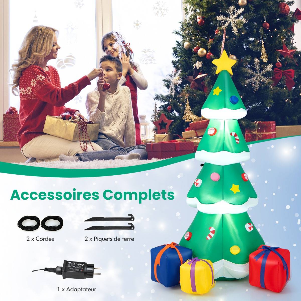 Sapin de Noël Gonflable 180CM avec 3 Paquets Décorations avec LED Arbre de Noël avec Sac de Sable - Image 7