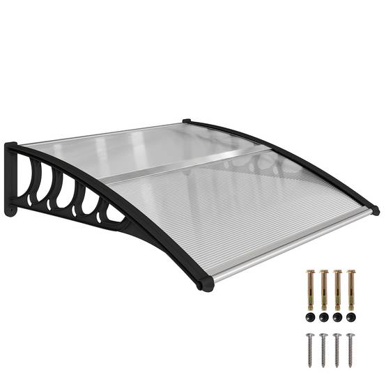 Auvent pour porte/fenêtre, résistant, transparent, barres alu/polycarbonate, 103x96,5x27 cm, noir - Image 1