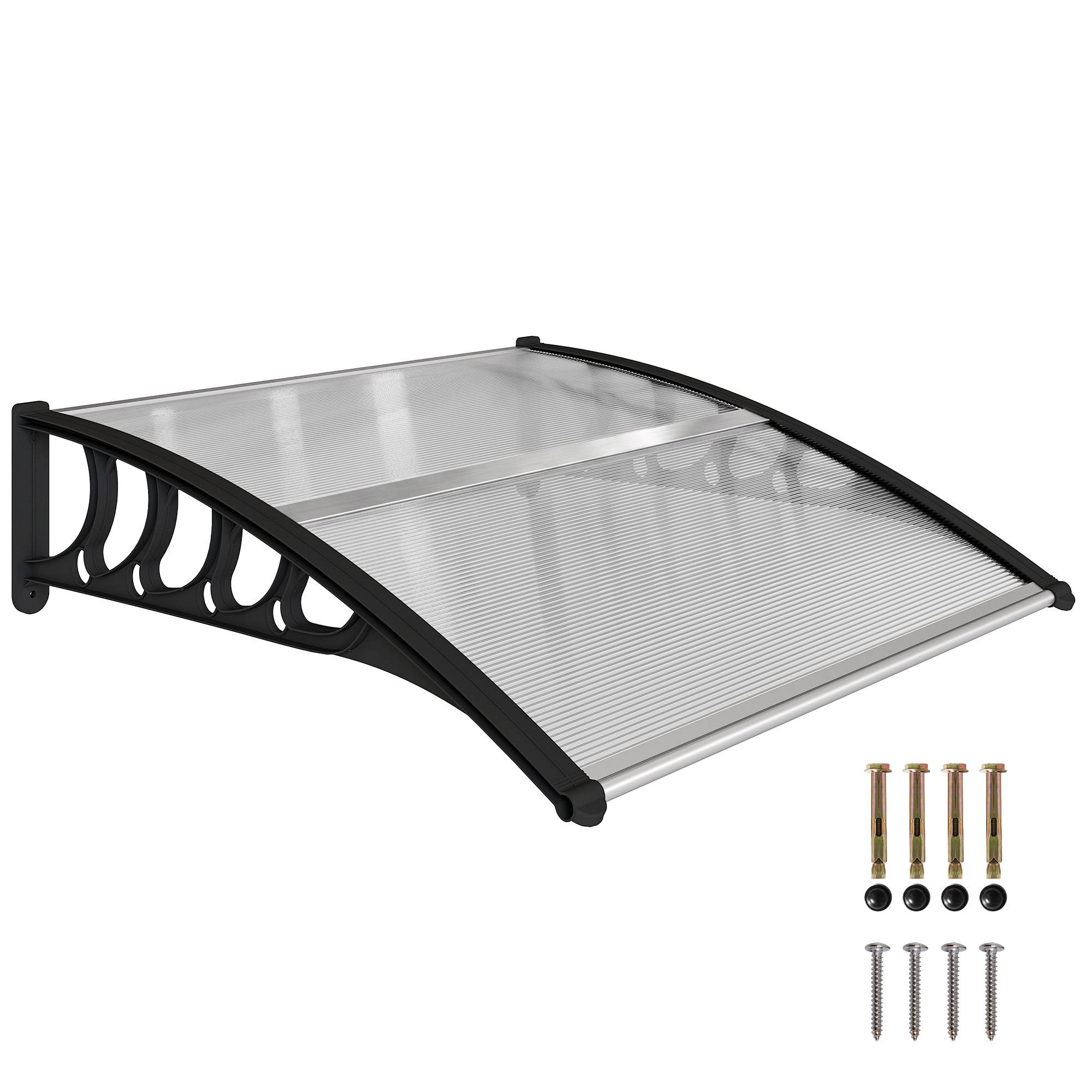Auvent pour porte/fenêtre, résistant, transparent, barres alu/polycarbonate, 103x96,5x27 cm, noir - Image 1