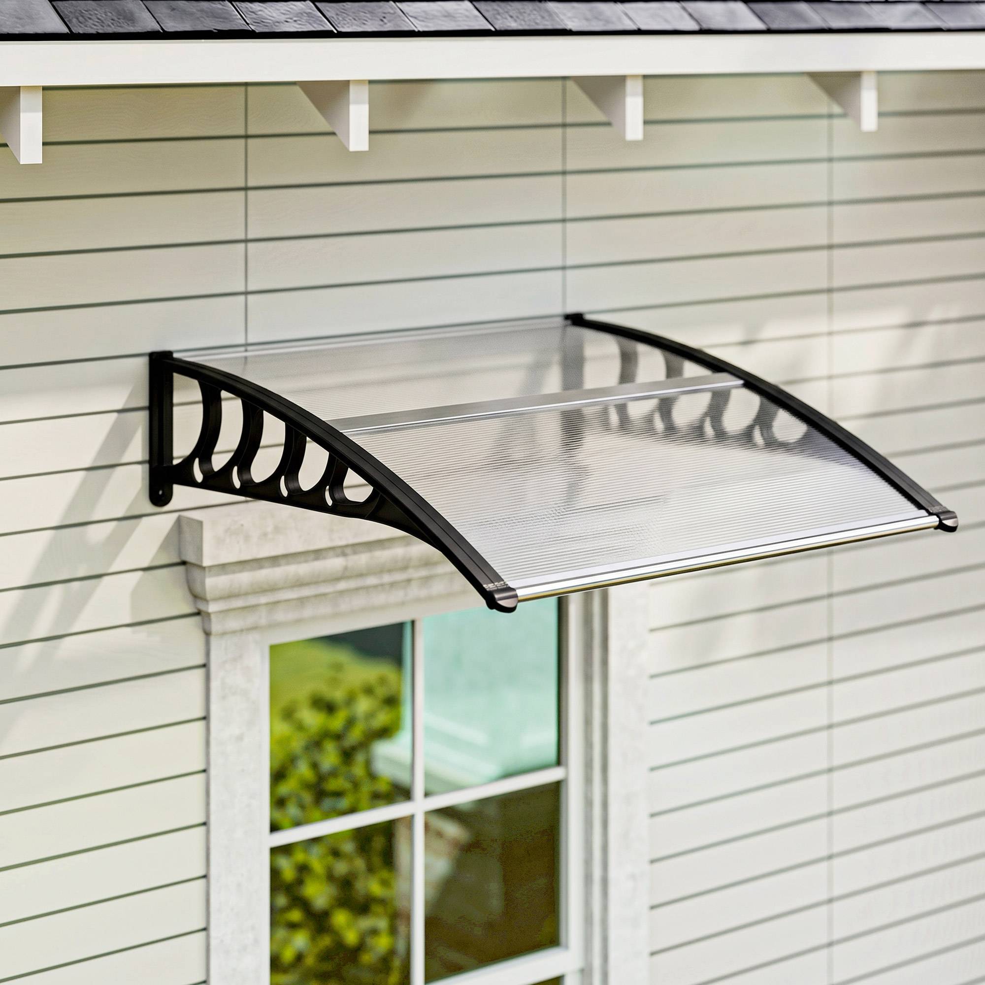 Auvent pour porte/fenêtre, résistant, transparent, barres alu/polycarbonate, 103x96,5x27 cm, noir - Image 4