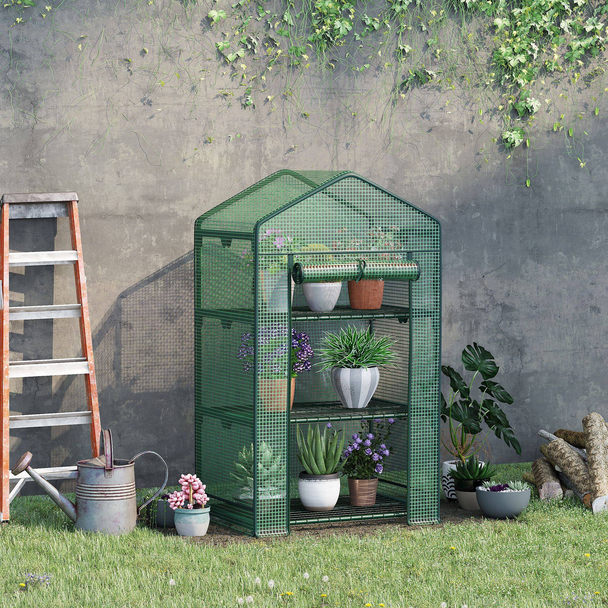 Sans Marque - Mini serre Outsunny semis bâche aluminium 3 étagères porte enroulable bac légumes serre jardin balcon - Image 4