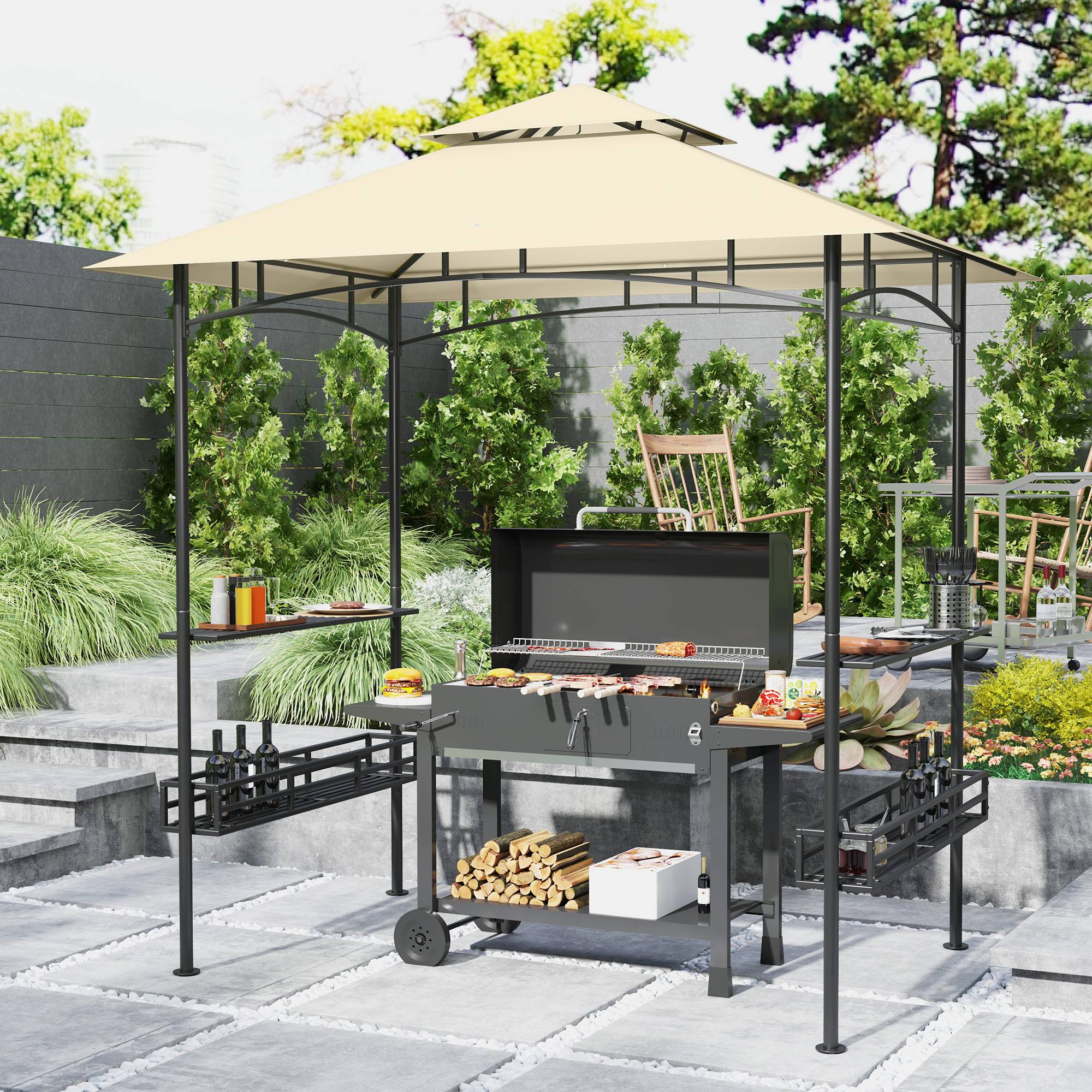 Tonnelle de barbecue auvent de réception pour jardin crochet au plafond étagères et paniers 240 x 150 x 257 cm beige - Image 3