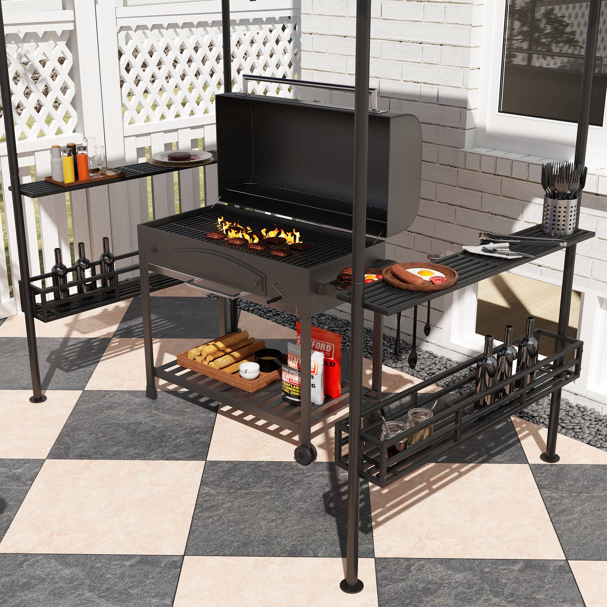 Tonnelle de barbecue auvent de réception pour jardin crochet au plafond étagères et paniers 240 x 150 x 257 cm beige - Image 9
